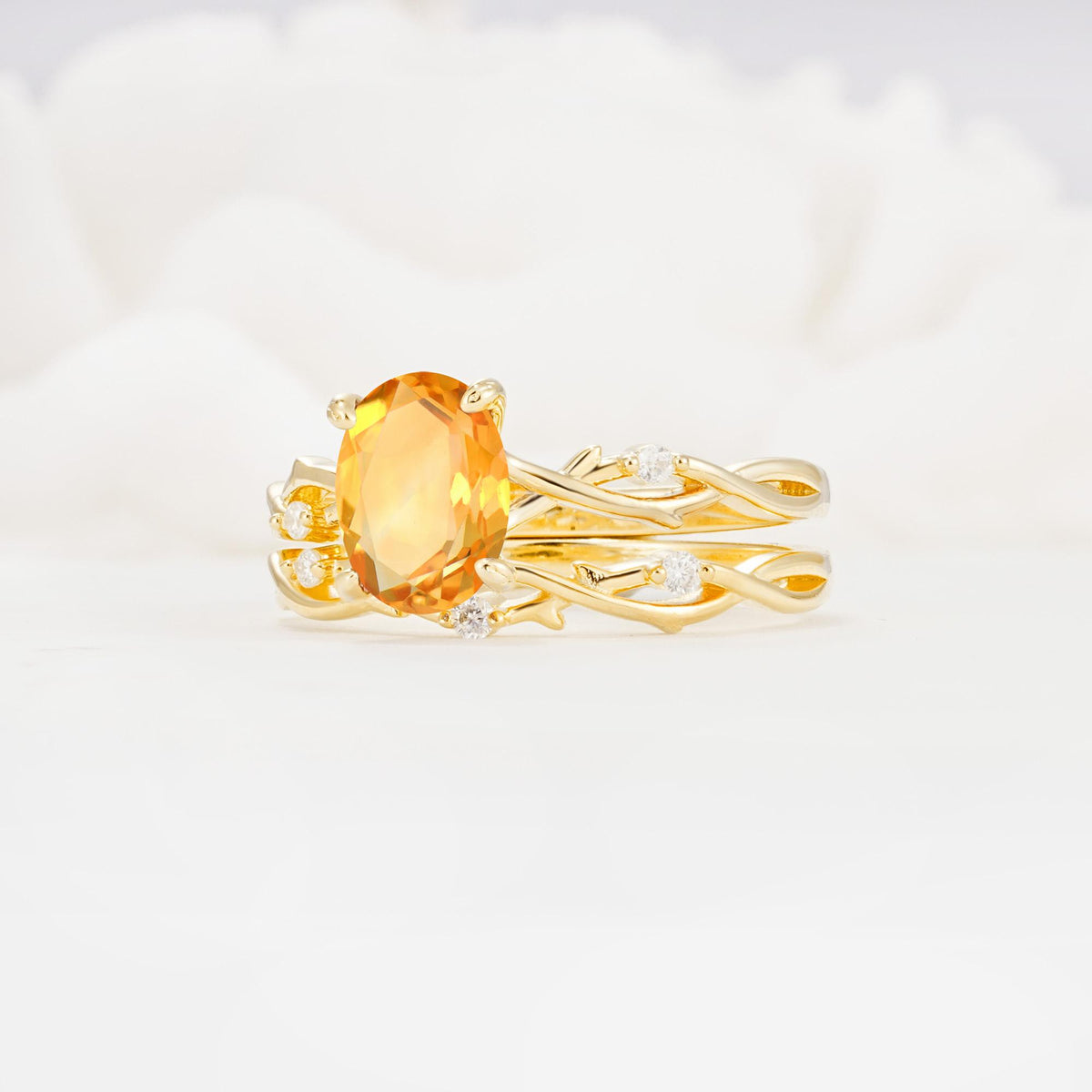Nature-Inspired Oval Cut Citrine Engagement Ring Set with Twig Accents - Rose-Gold