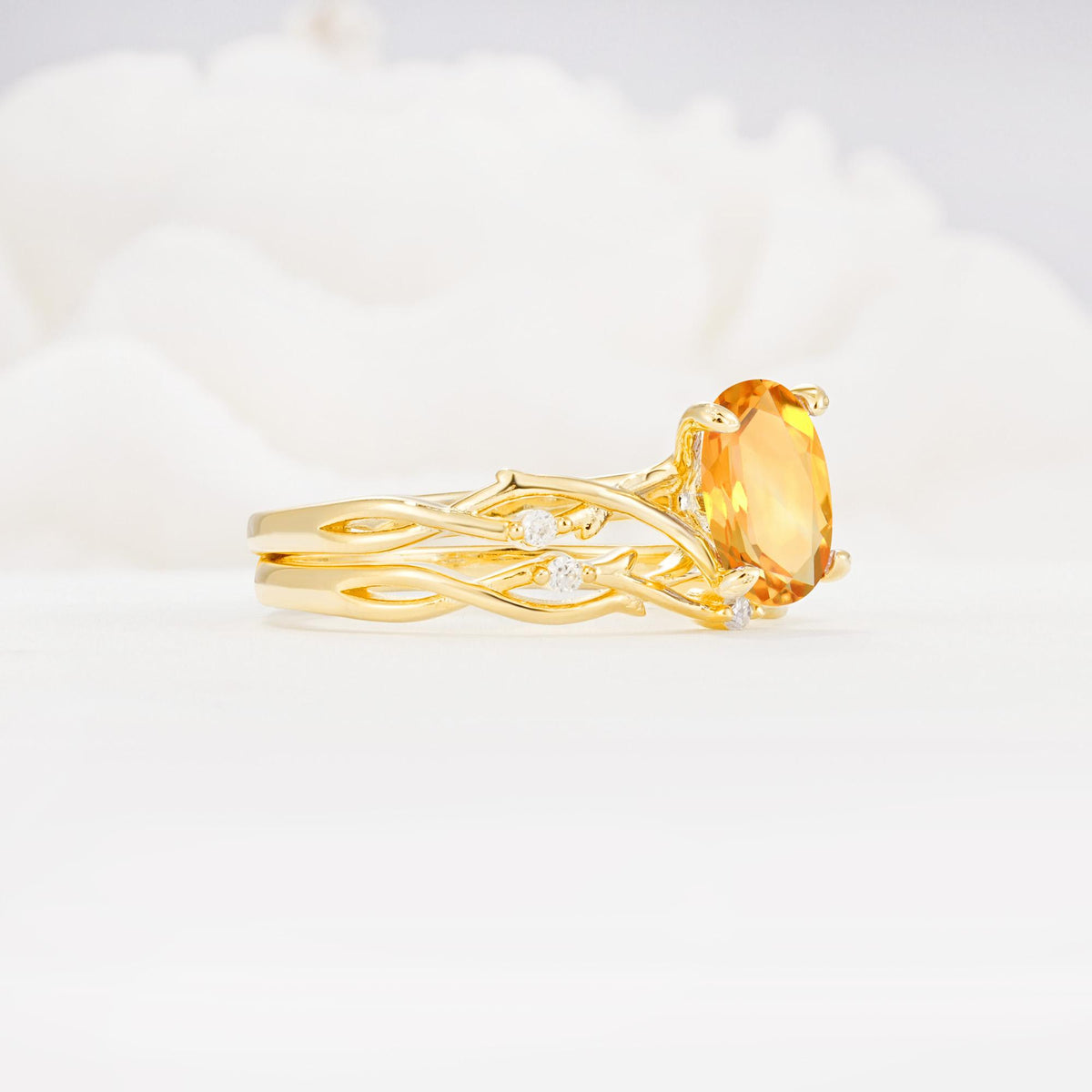 Nature-Inspired Oval Cut Citrine Engagement Ring Set with Twig Accents - White-Gold