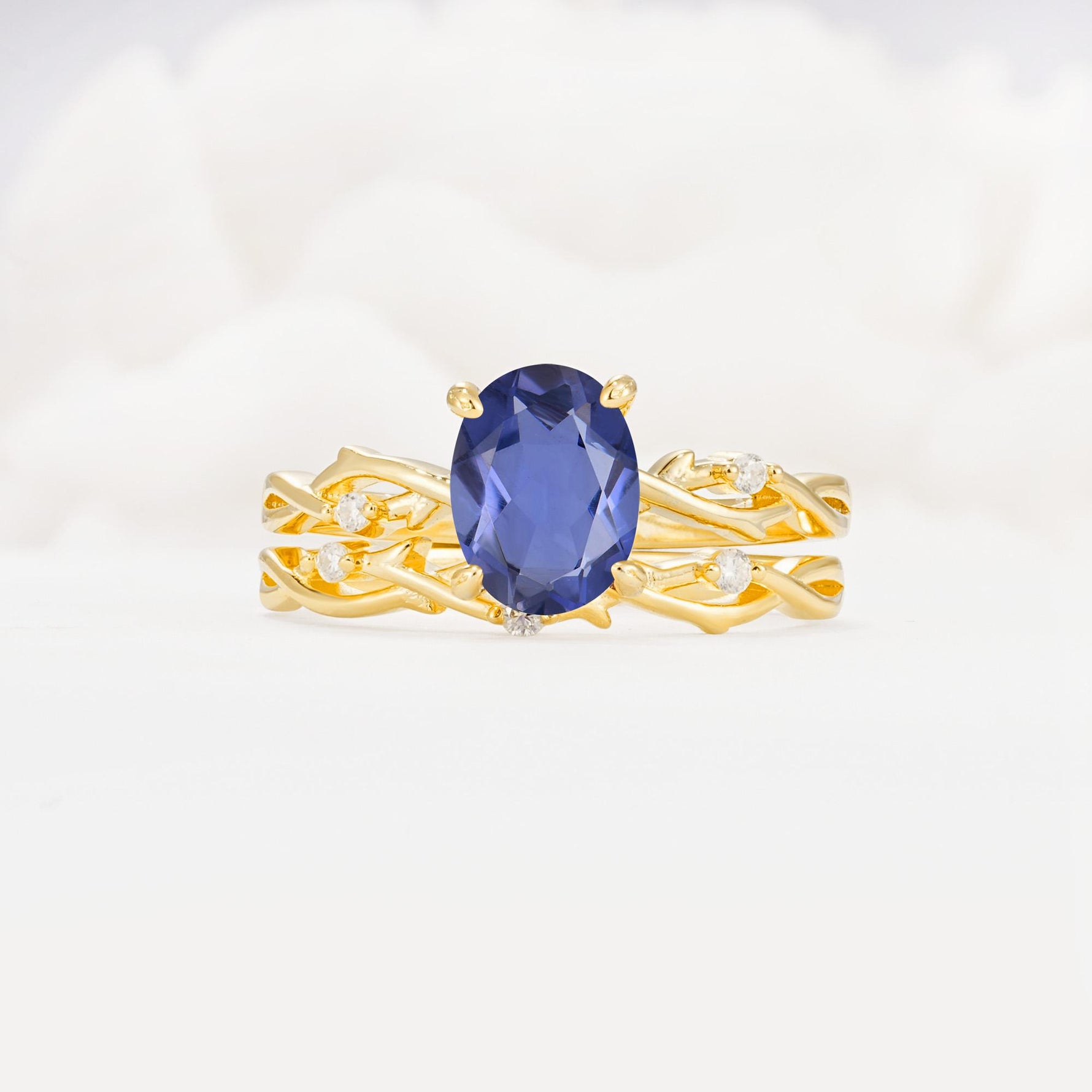 Nature-Inspired Oval Cut Tanzanite Engagement Ring Set with Twig Accents - Yellow-Gold