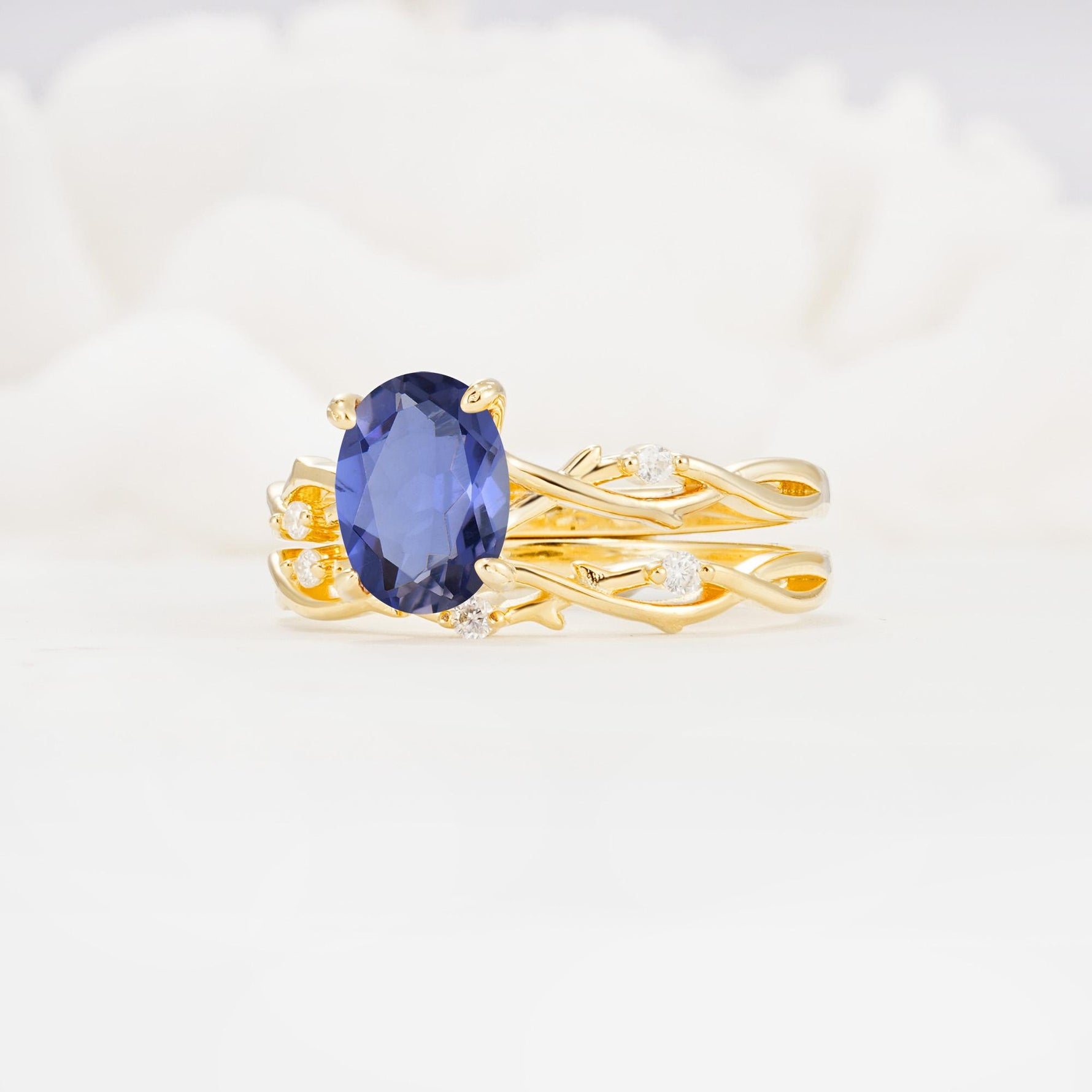 Nature-Inspired Oval Cut Tanzanite Engagement Ring Set with Twig Accents - Rose-Gold
