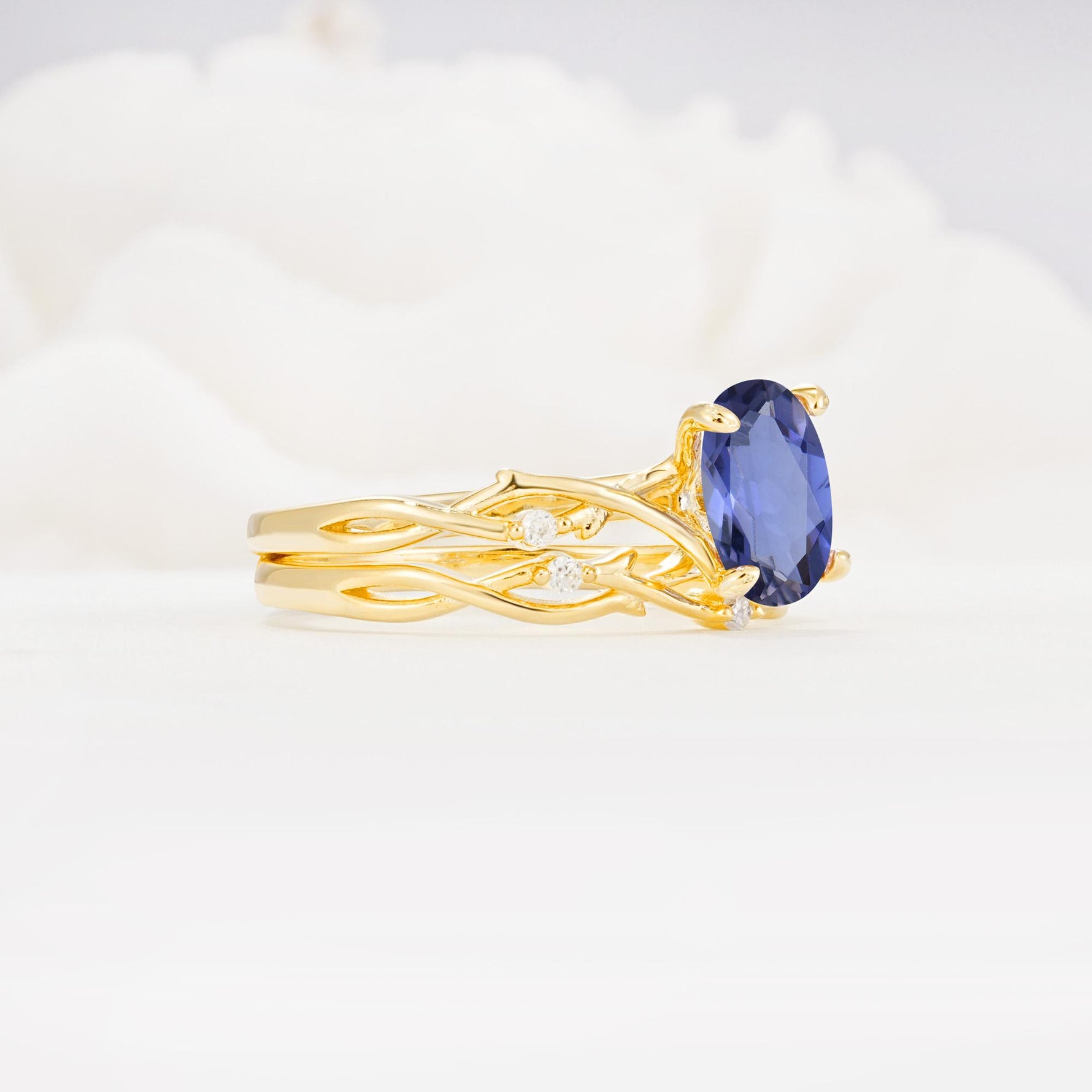 Nature-Inspired Oval Cut Tanzanite Engagement Ring Set with Twig Accents - White-Gold