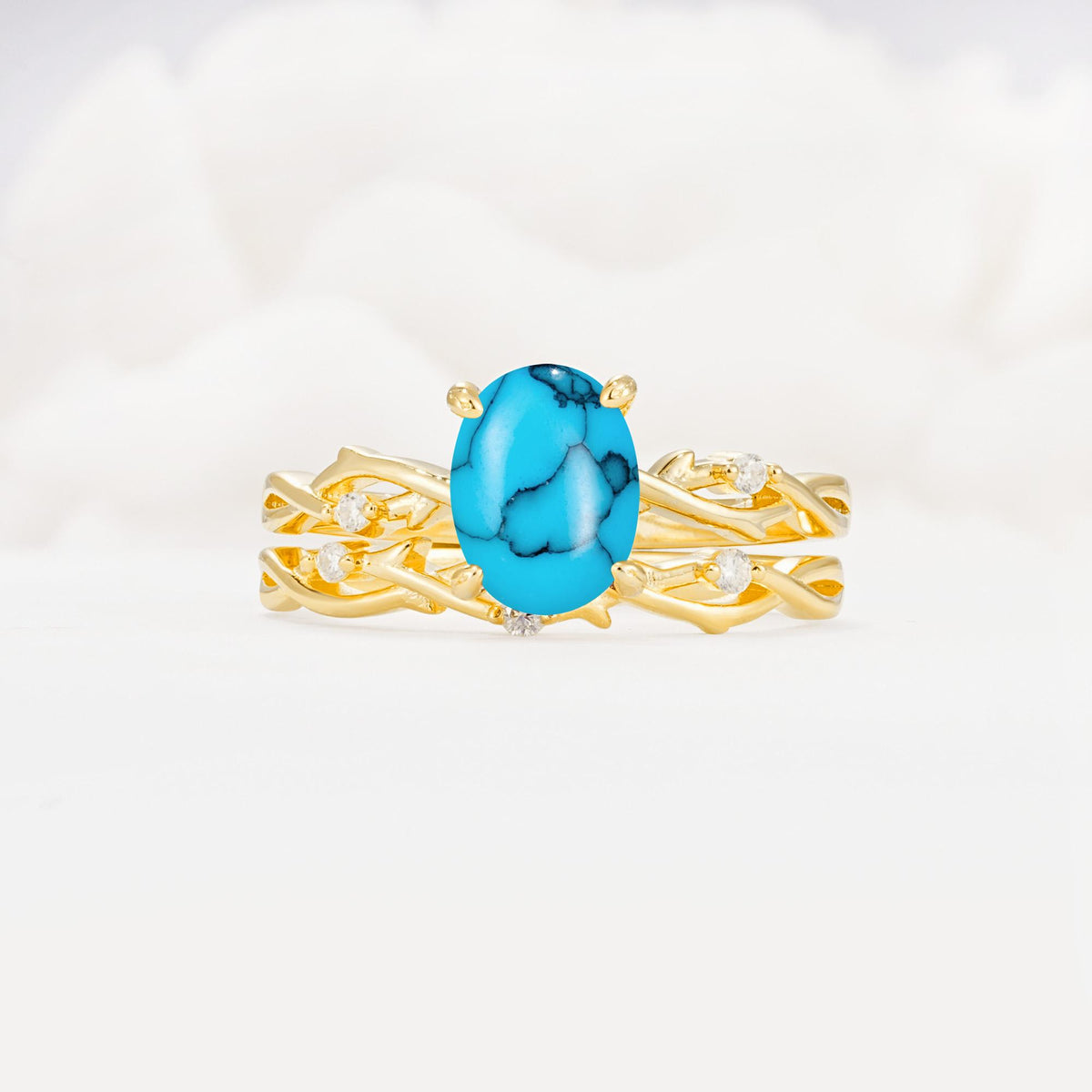 Nature-Inspired Oval Cut Turquoise Engagement Ring Set with Twig Accents - Yellow-Gold