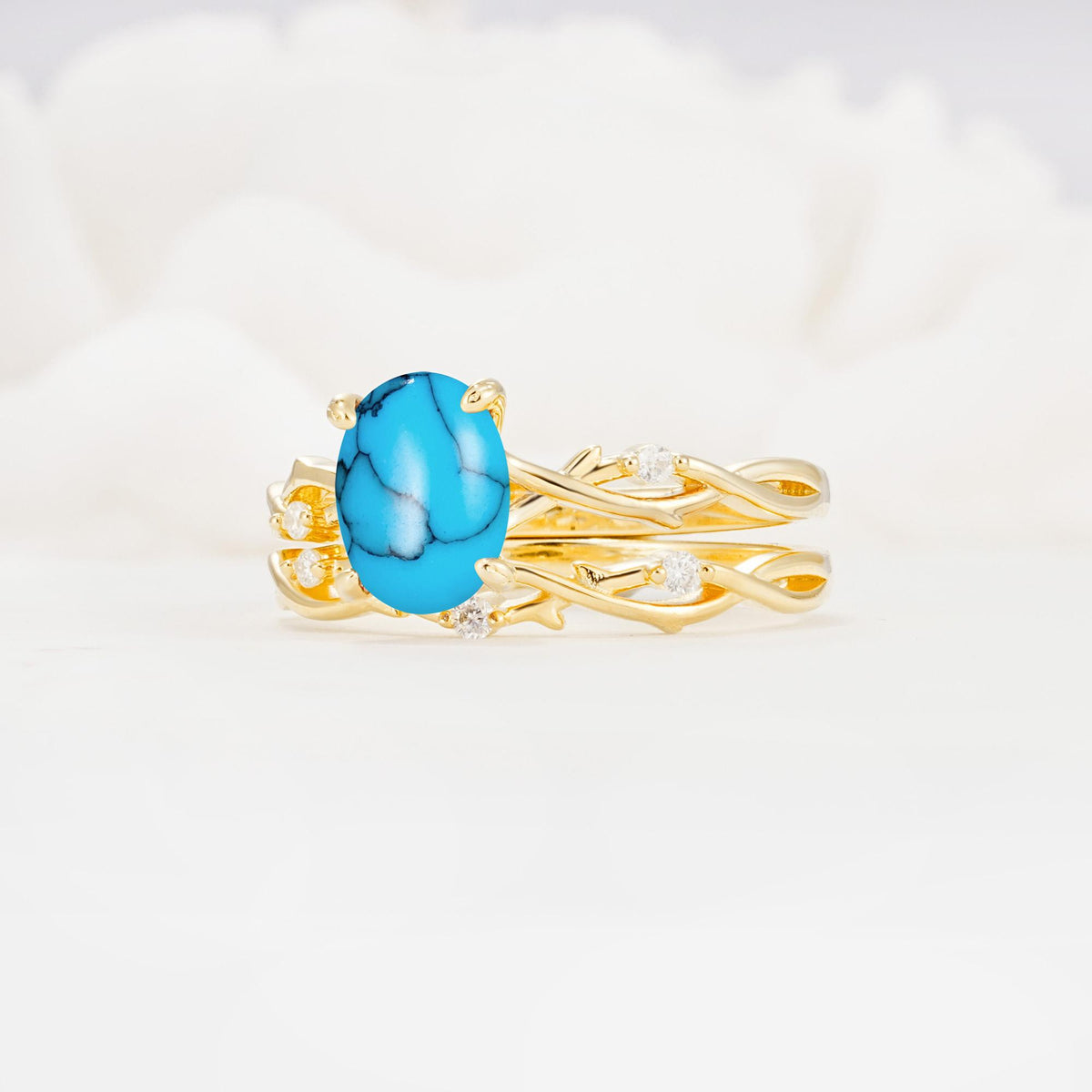 Nature-Inspired Oval Cut Turquoise Engagement Ring Set with Twig Accents - Rose-Gold