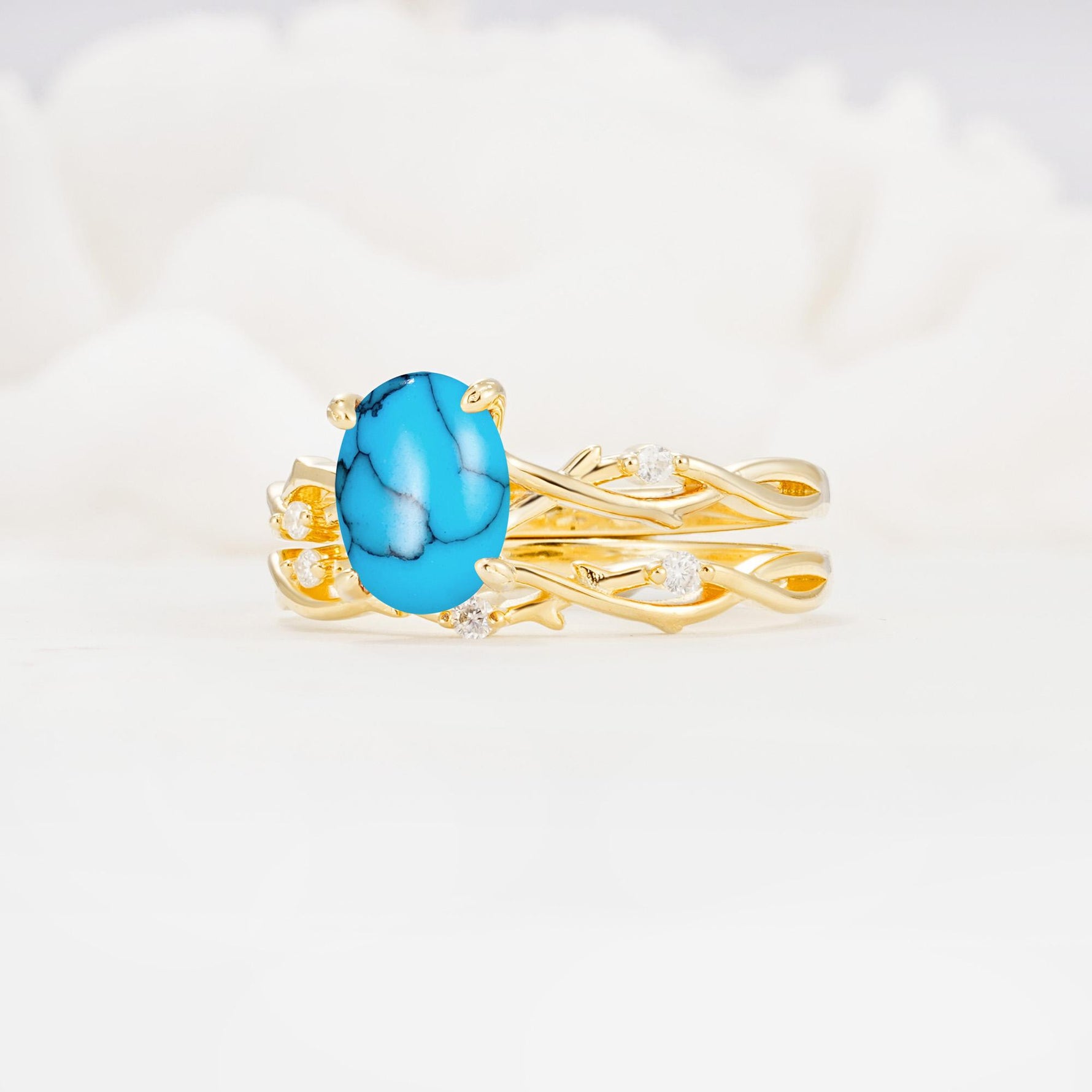 Nature-Inspired Oval Cut Turquoise Engagement Ring Set with Twig Accents - Rose-Gold