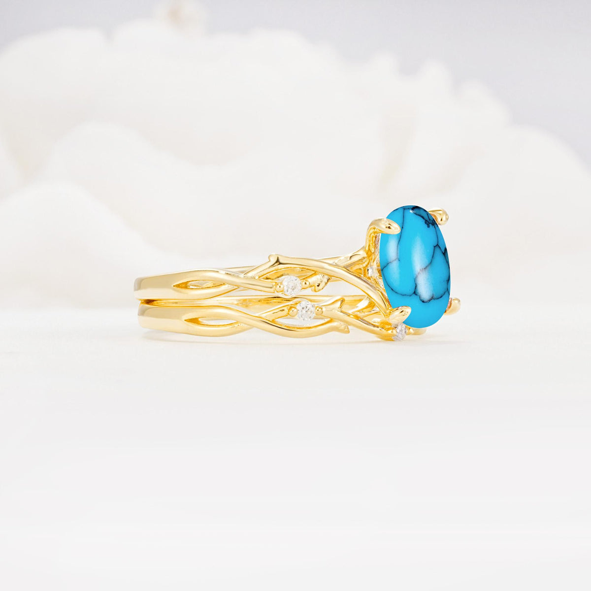 Nature-Inspired Oval Cut Turquoise Engagement Ring Set with Twig Accents - White-Gold