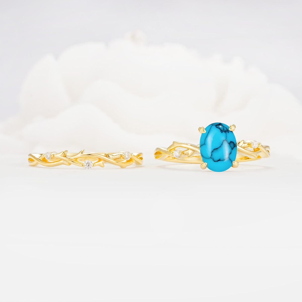 Nature-Inspired Oval Cut Turquoise Engagement Ring Set with Twig Accents - Additional view