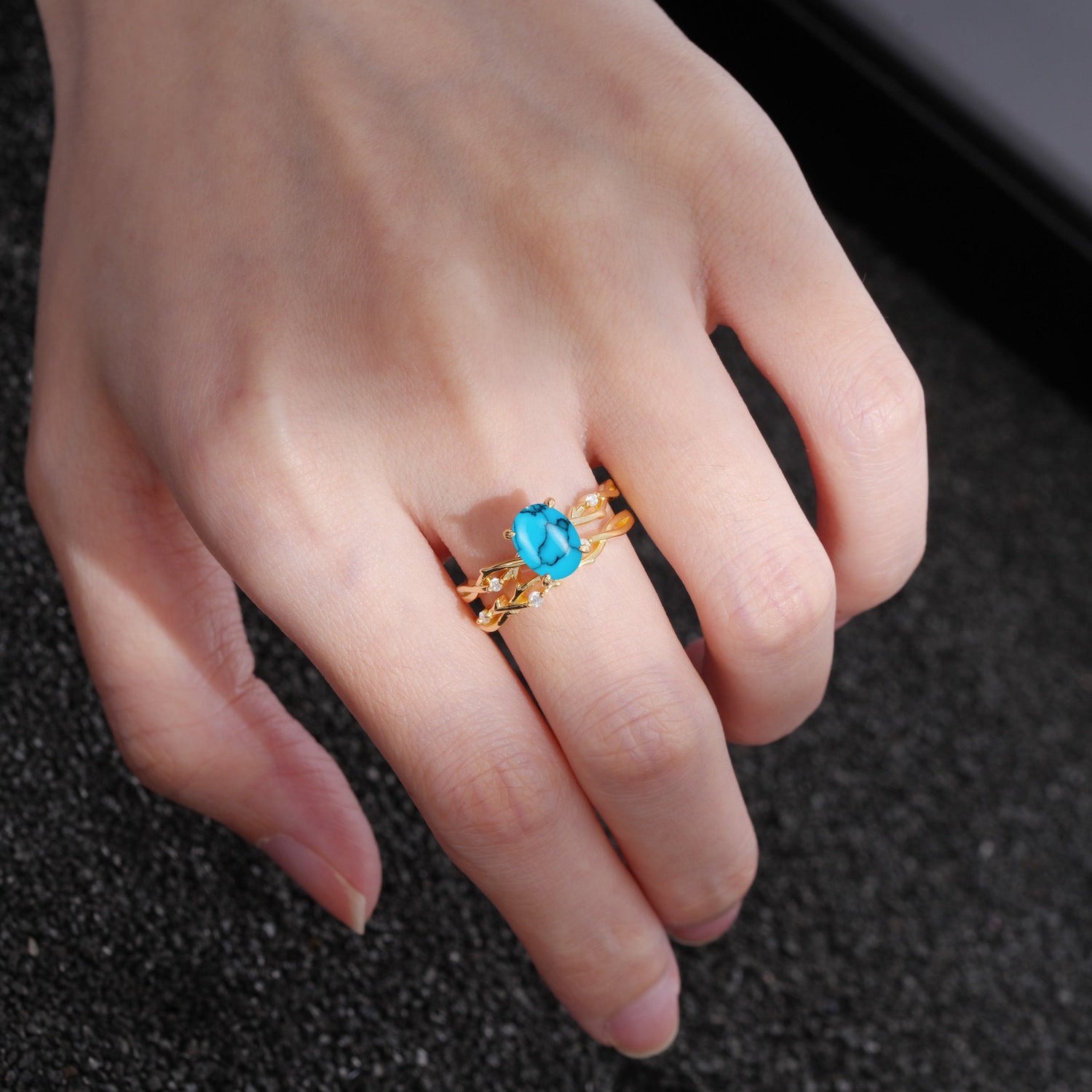 Nature-Inspired Oval Cut Turquoise Engagement Ring Set with Twig Accents
