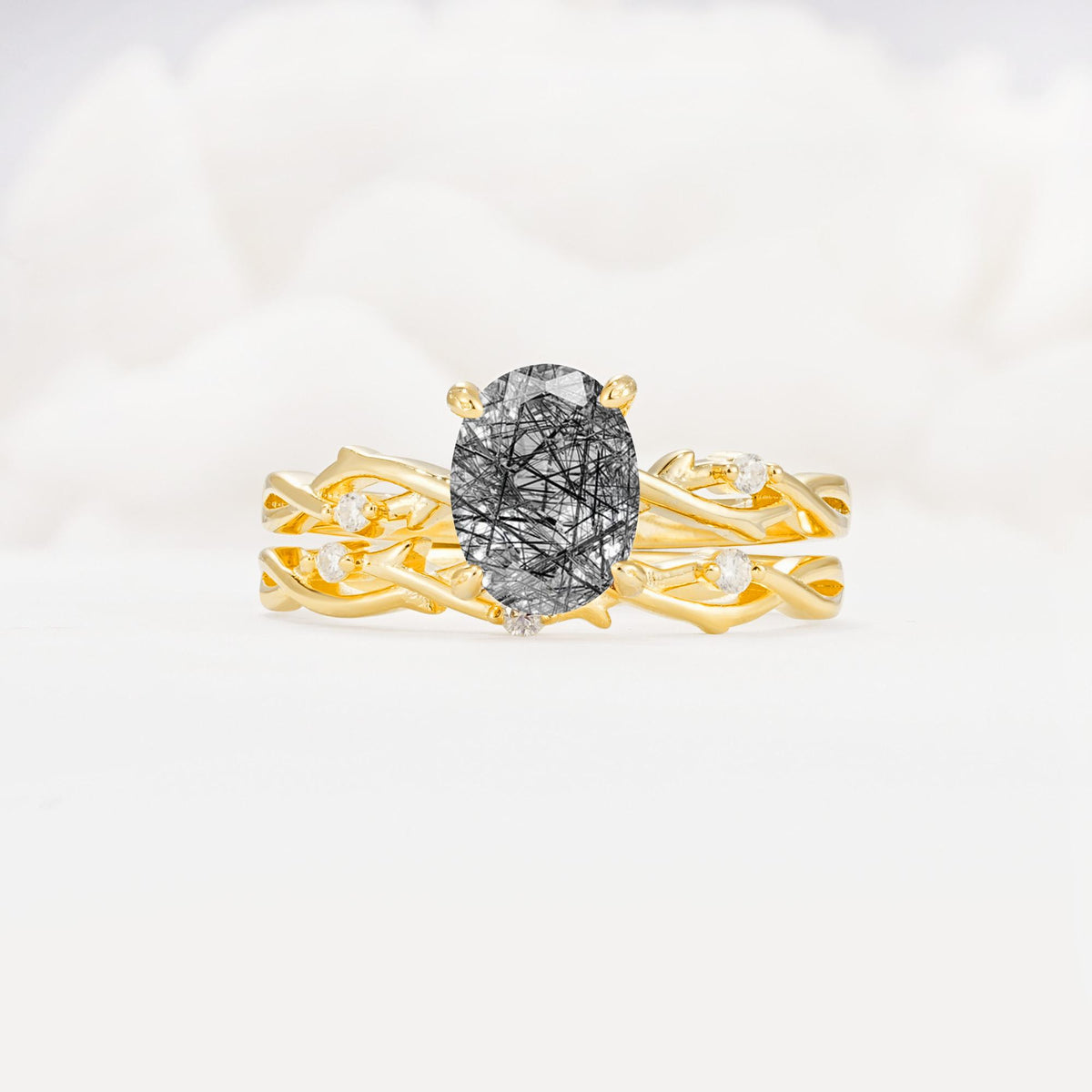 Nature-Inspired Oval Cut Black Rutilated Quartz Engagement Ring Set with Twig Accents - Yellow-Gold