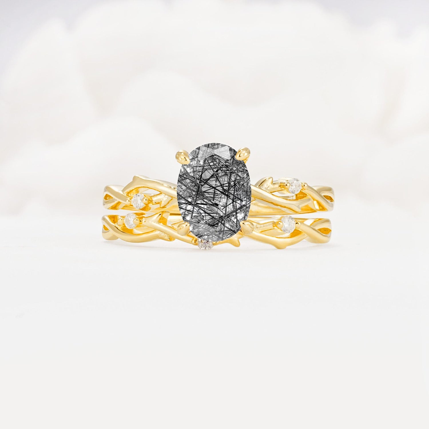 Nature-Inspired Oval Cut Black Rutilated Quartz Engagement Ring Set with Twig Accents - Yellow-Gold