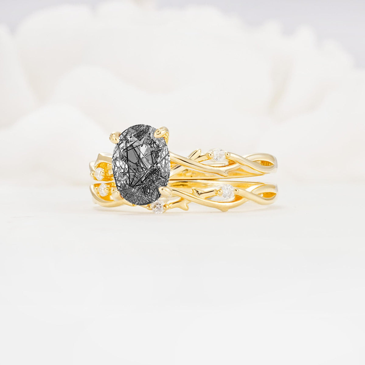Nature-Inspired Oval Cut Black Rutilated Quartz Engagement Ring Set with Twig Accents - Rose-Gold