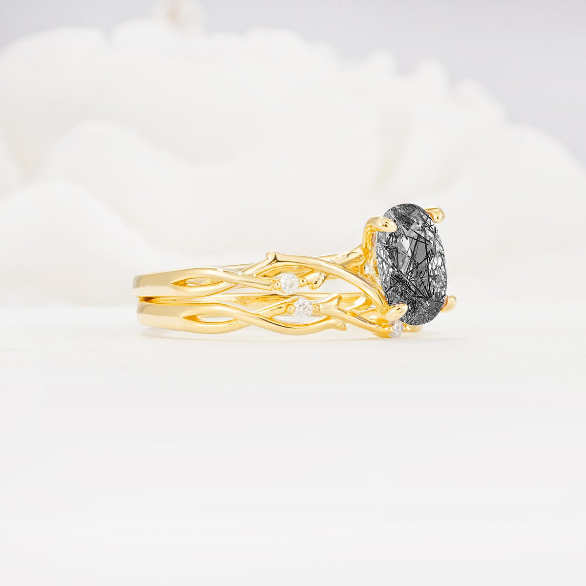 Nature-Inspired Oval Cut Black Rutilated Quartz Engagement Ring Set with Twig Accents - White-Gold