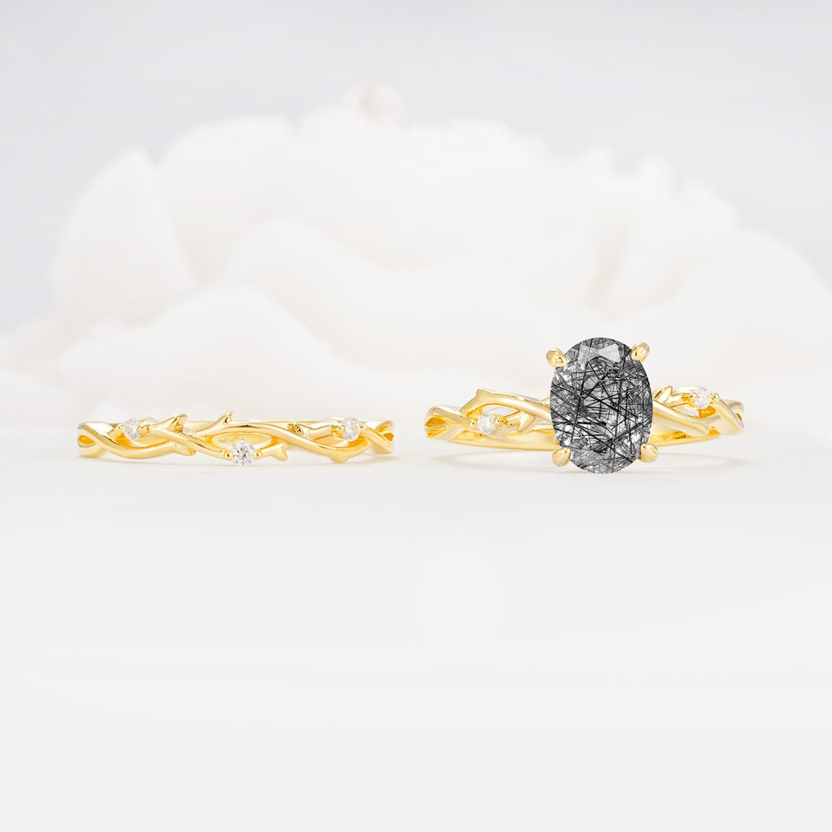 Nature-Inspired Oval Cut Black Rutilated Quartz Engagement Ring Set with Twig Accents - Additional view