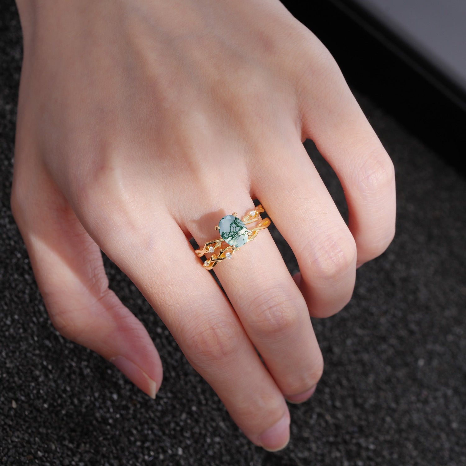 Nature-Inspired Oval Cut Moss Agate Engagement Ring Set with Twig Accents