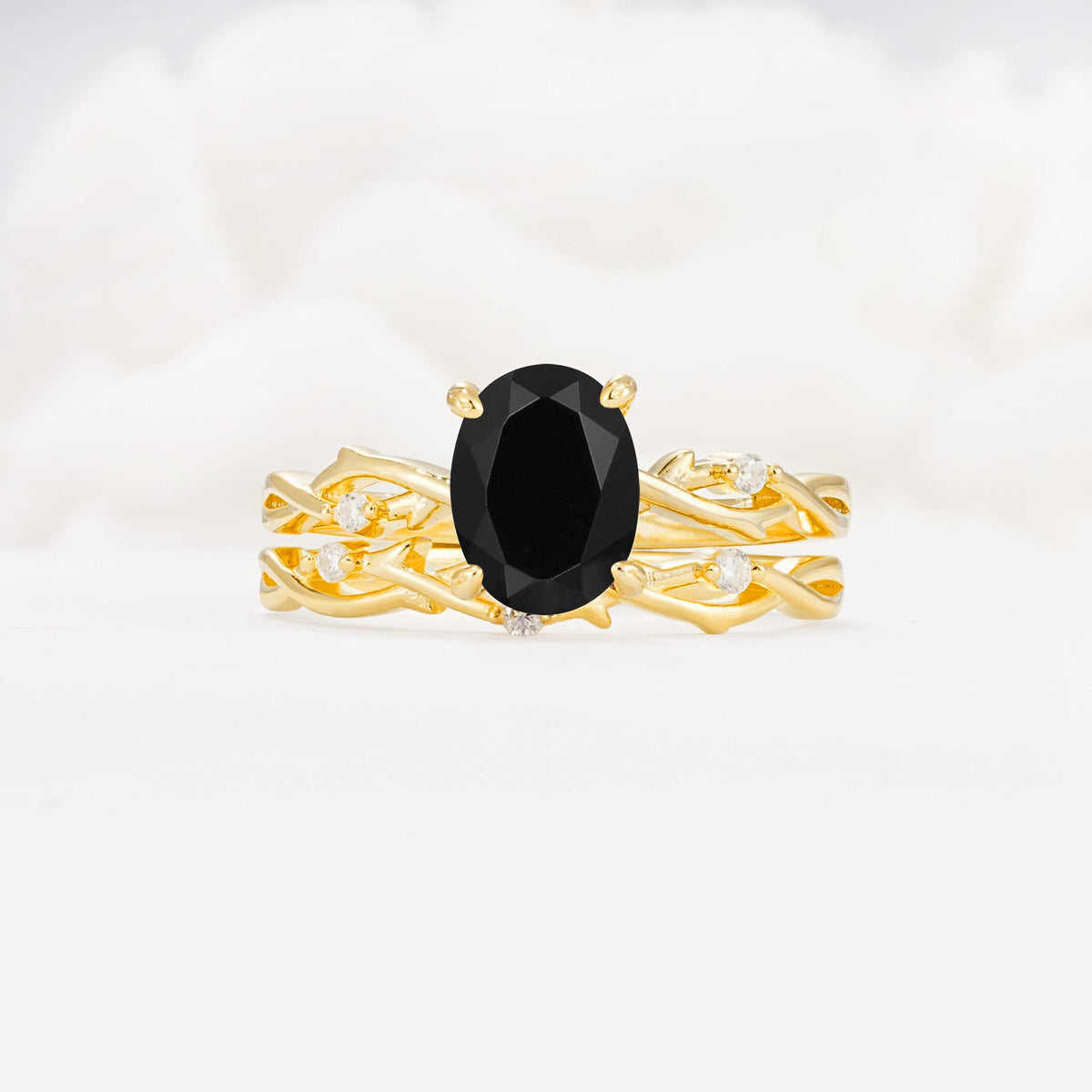 Nature-Inspired Oval Cut Black Onyx Engagement Ring Set with Twig Accents - Yellow-Gold