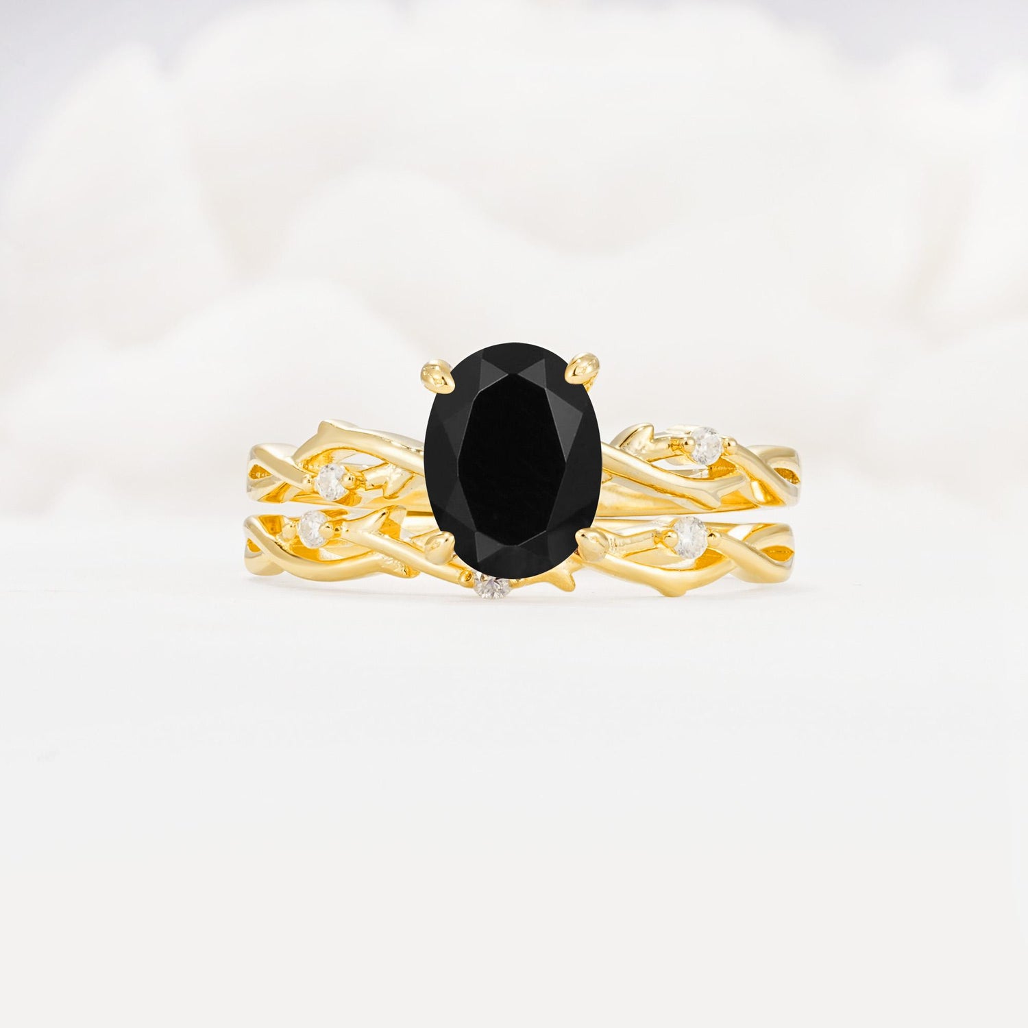 Nature-Inspired Oval Cut Black Onyx Engagement Ring Set with Twig Accents - Yellow-Gold