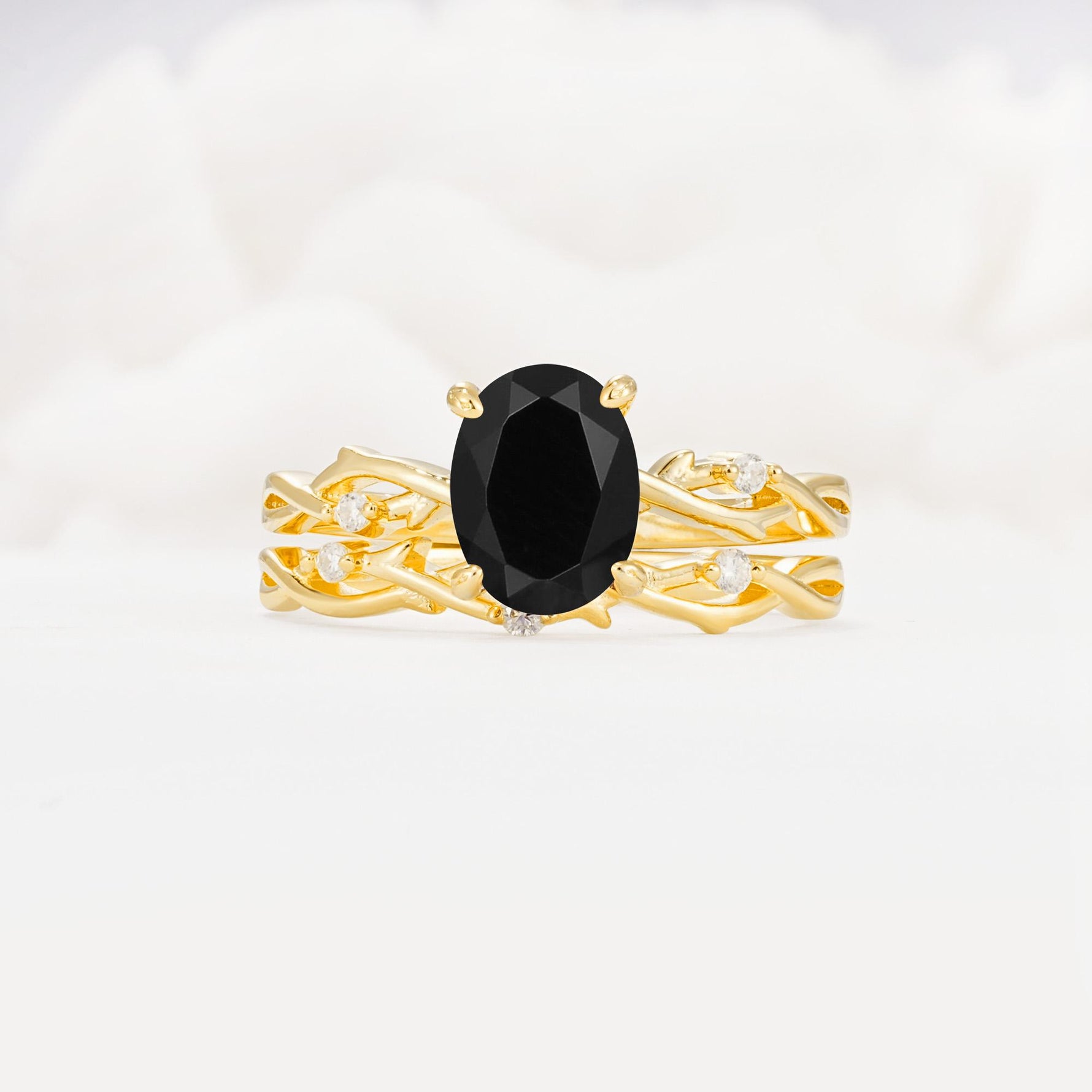 Nature-Inspired Oval Cut Black Onyx Engagement Ring Set with Twig Accents - Yellow-Gold