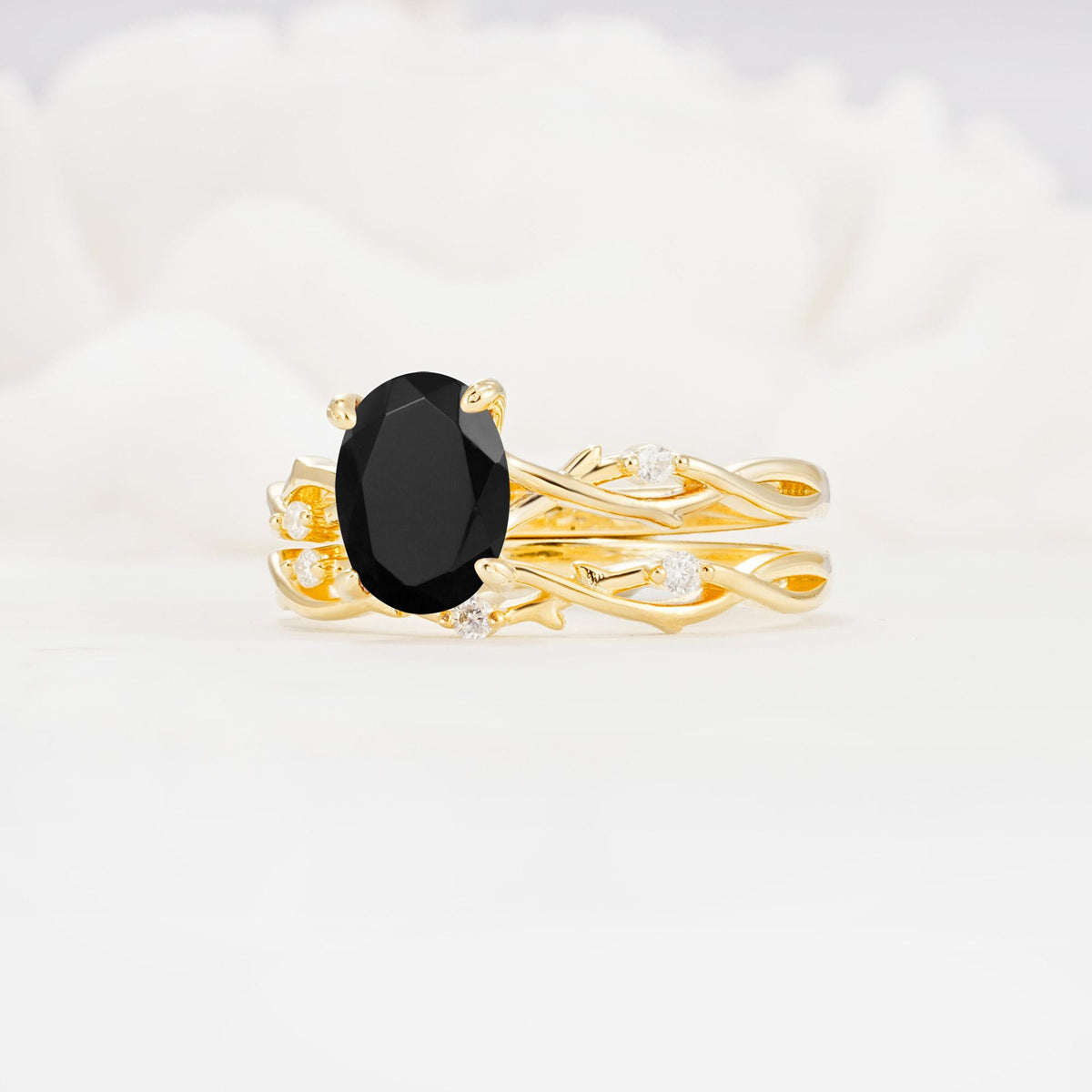 Nature-Inspired Oval Cut Black Onyx Engagement Ring Set with Twig Accents - Rose-Gold