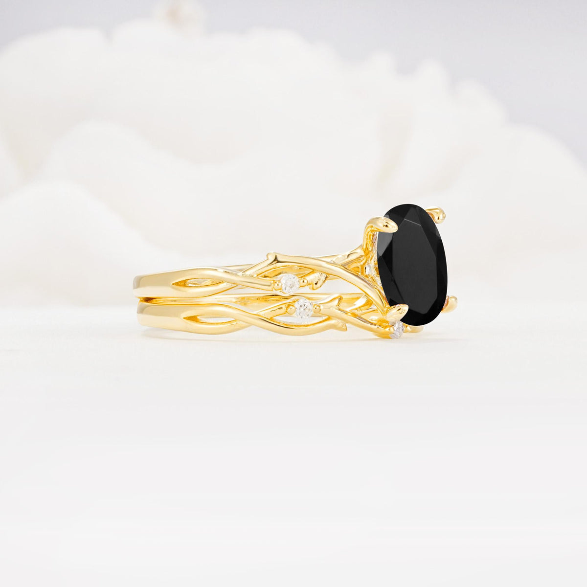Nature-Inspired Oval Cut Black Onyx Engagement Ring Set with Twig Accents - White-Gold