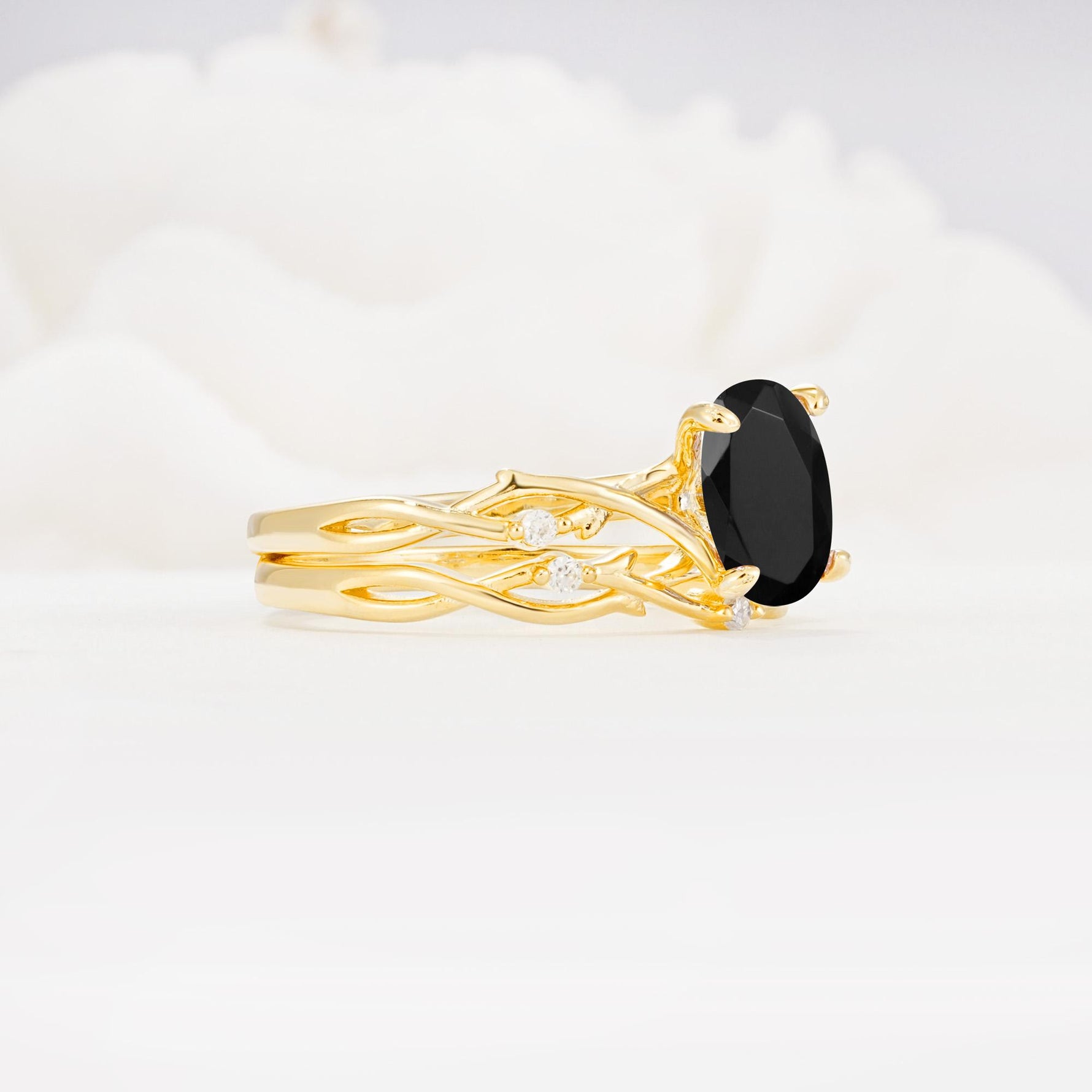 Nature-Inspired Oval Cut Black Onyx Engagement Ring Set with Twig Accents - White-Gold