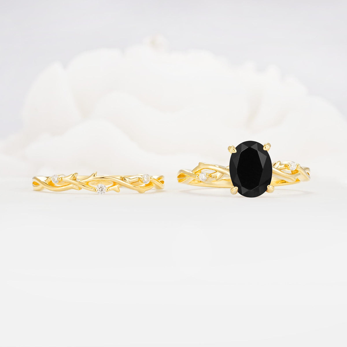 Nature-Inspired Oval Cut Black Onyx Engagement Ring Set with Twig Accents - Additional view