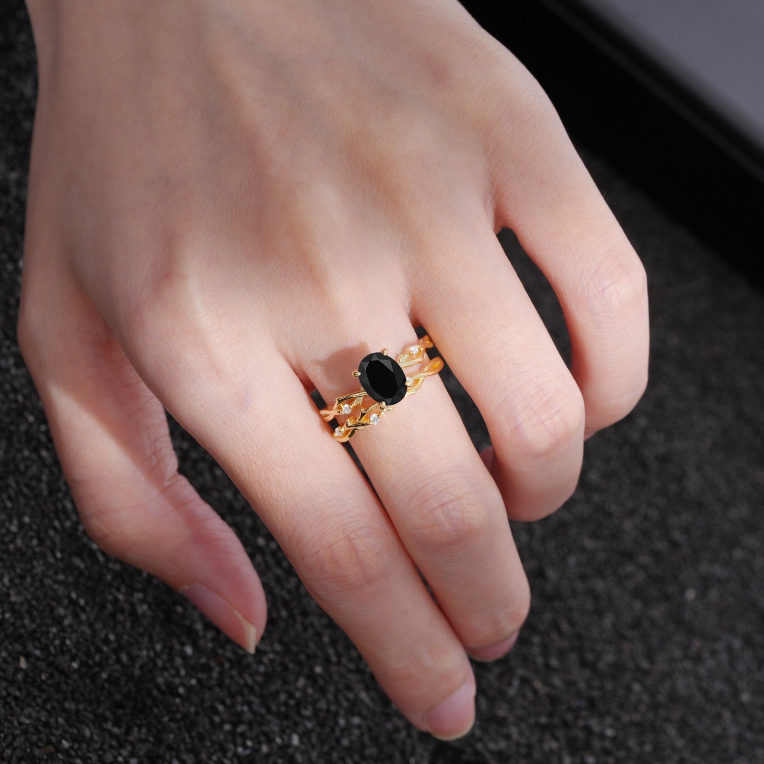 Nature-Inspired Oval Cut Black Onyx Engagement Ring Set with Twig Accents