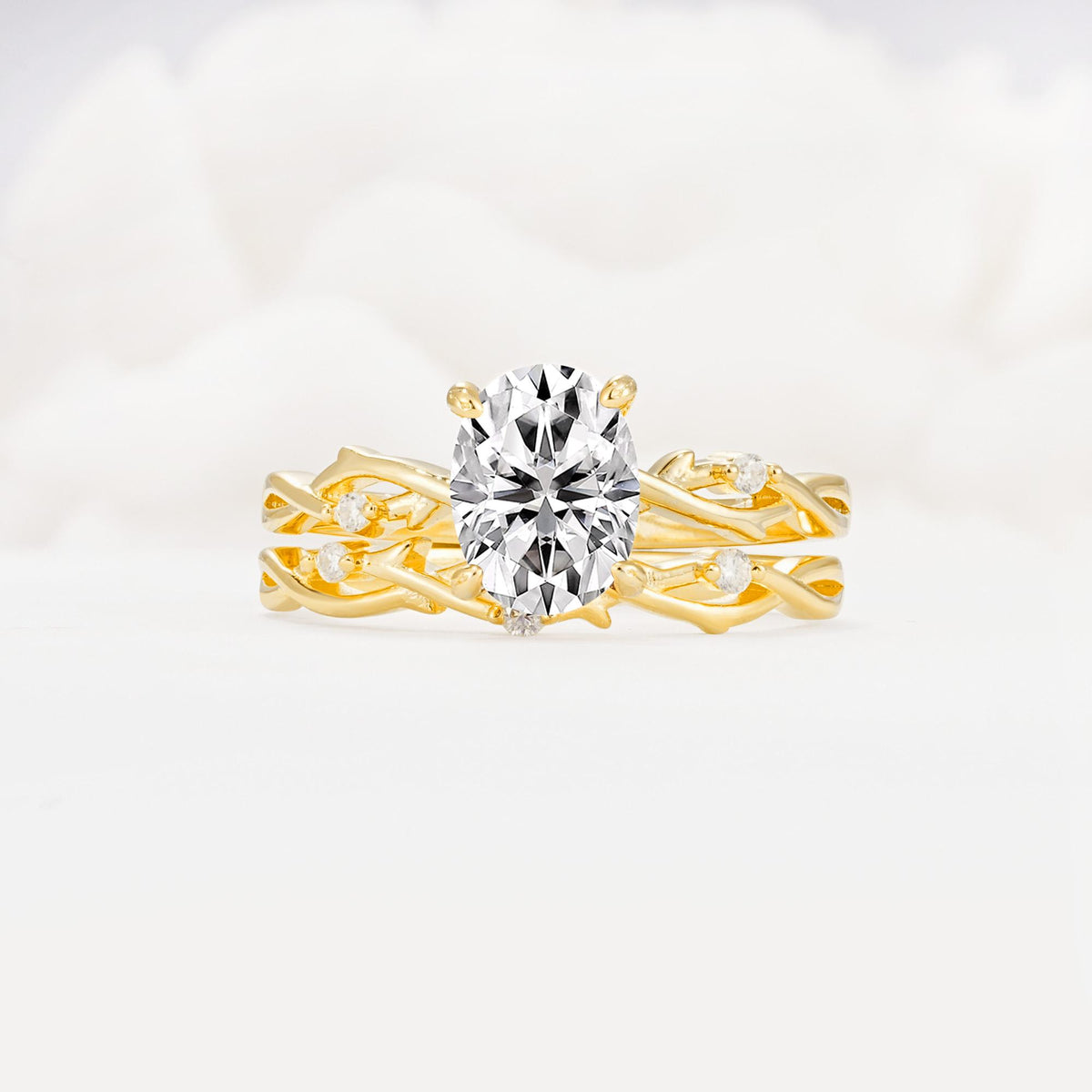 Nature-Inspired Oval Cut Lab Diamond Engagement Ring Set with Twig Accents - Yellow-Gold