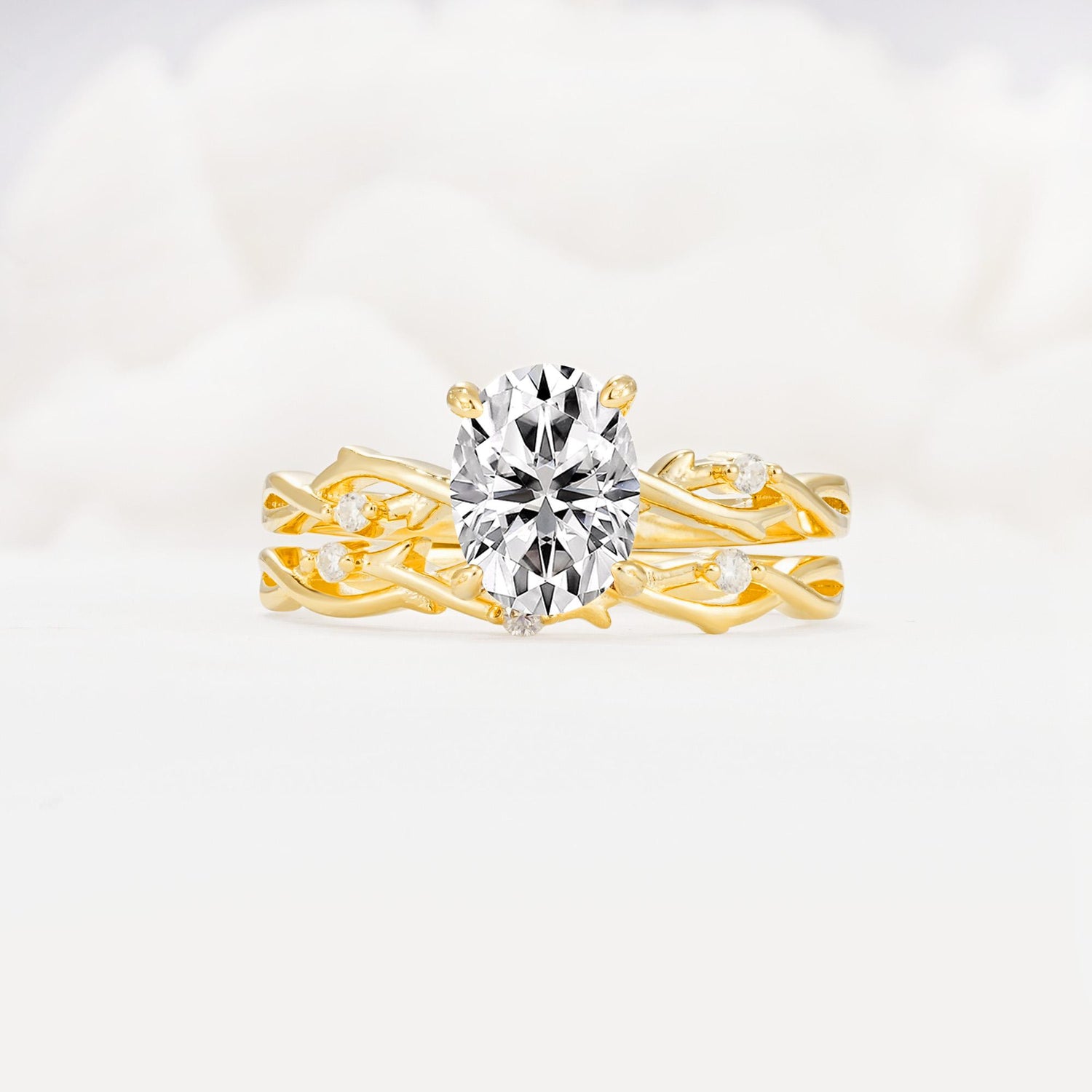 Nature-Inspired Oval Cut Lab Diamond Engagement Ring Set with Twig Accents - Yellow-Gold