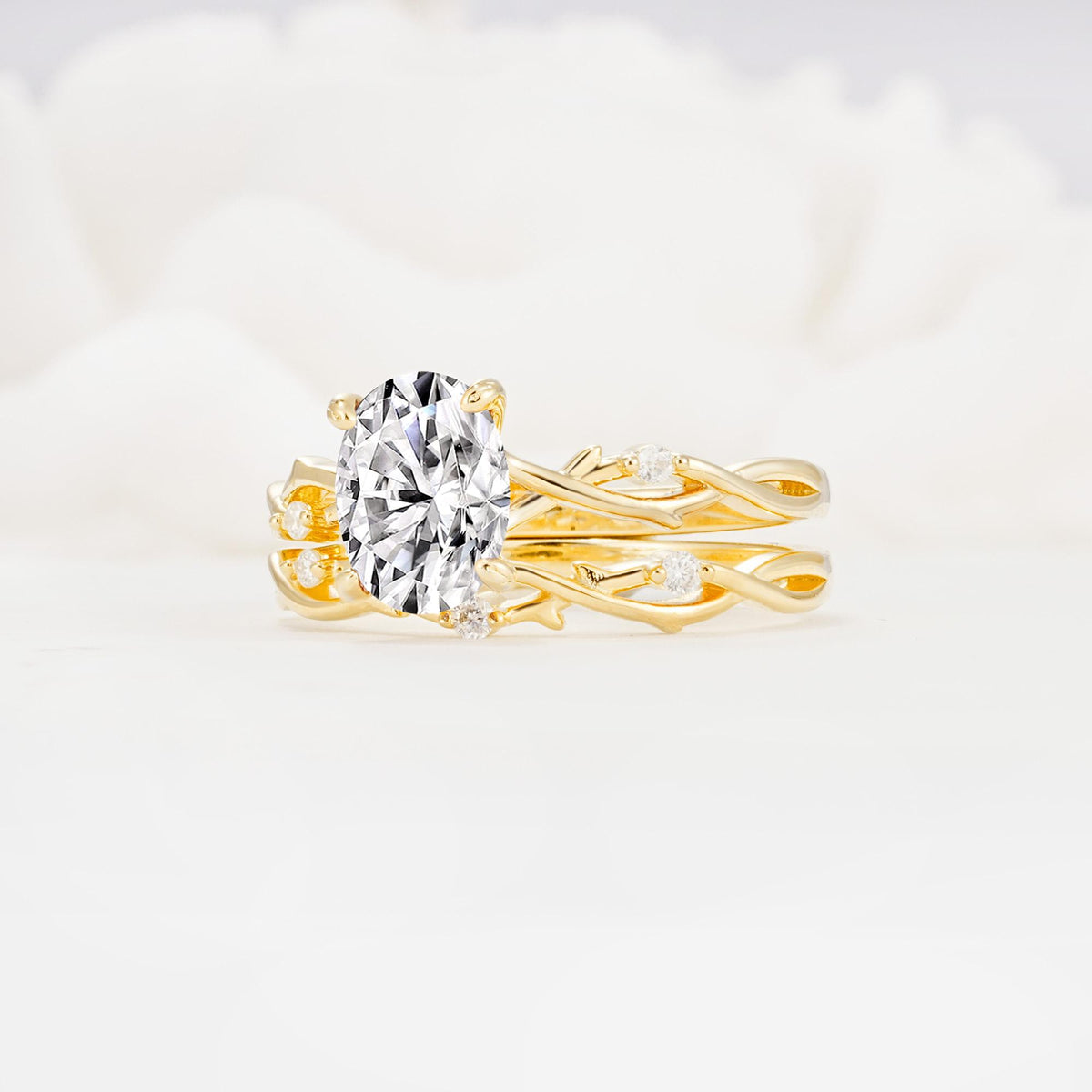 Nature-Inspired Oval Cut Lab Diamond Engagement Ring Set with Twig Accents - Rose-Gold