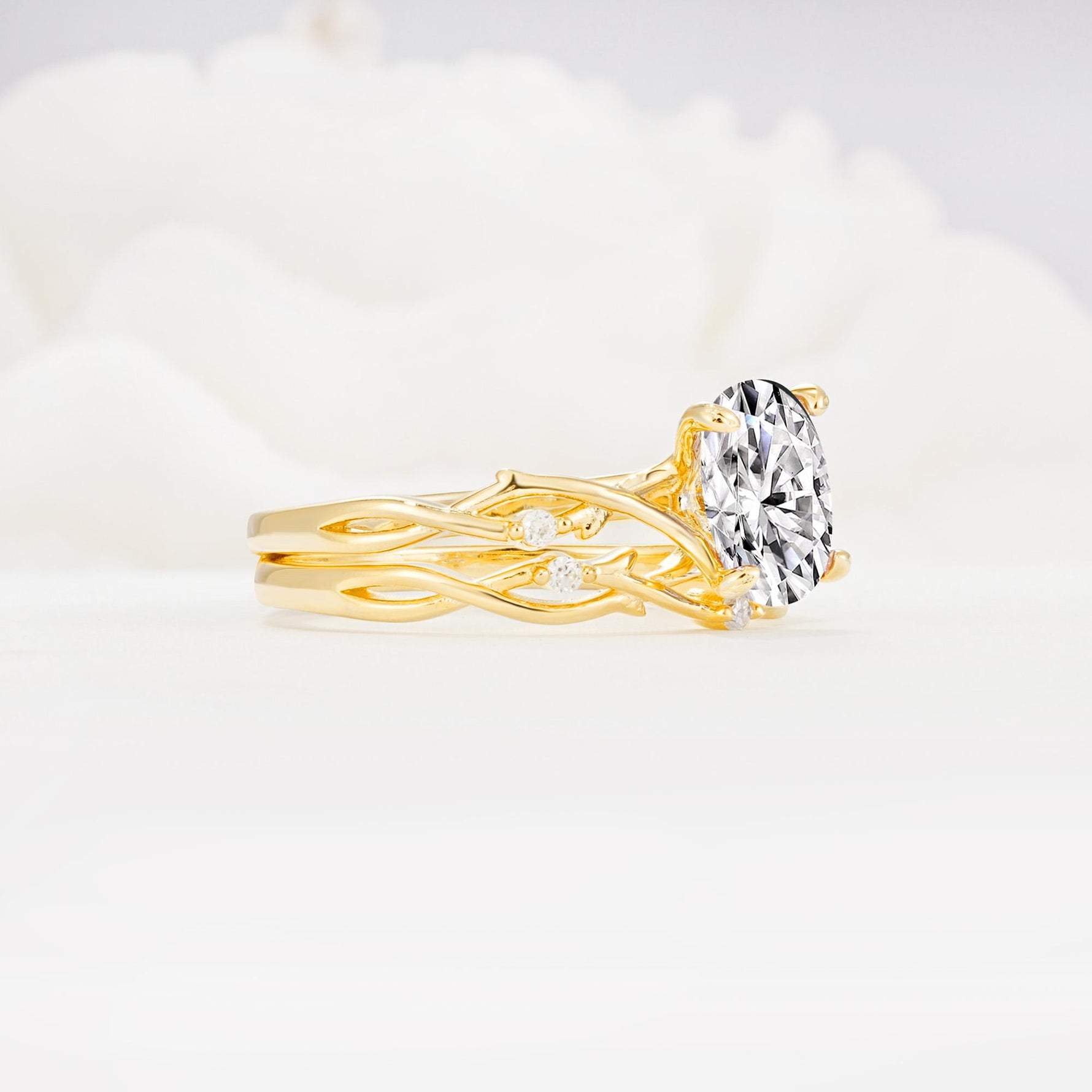 Nature-Inspired Oval Cut Lab Diamond Engagement Ring Set with Twig Accents - White-Gold