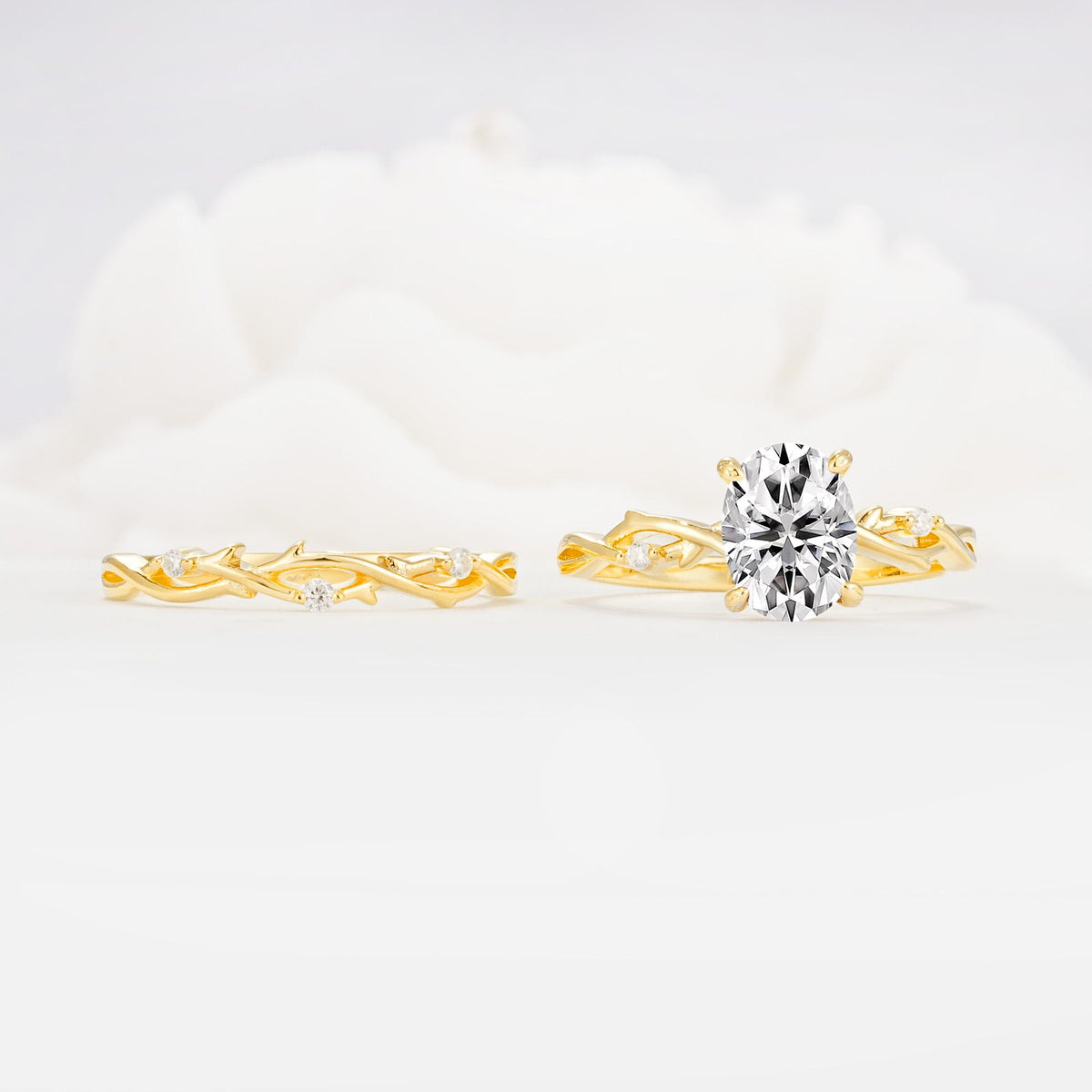 Nature-Inspired Oval Cut Lab Diamond Engagement Ring Set with Twig Accents - Additional view