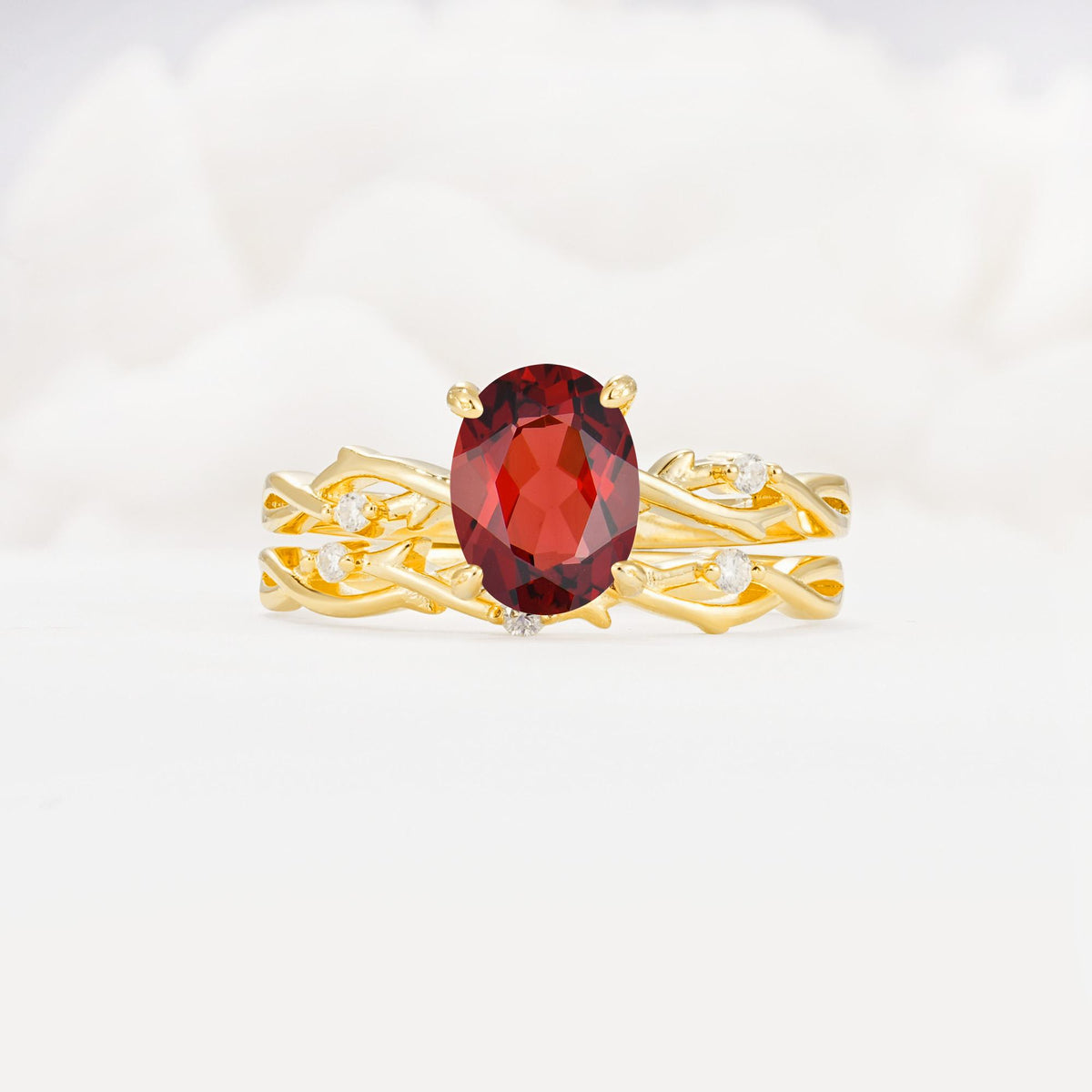 Nature-Inspired Oval Cut Garnet Engagement Ring Set with Twig Accents - Yellow-Gold