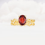 Nature-Inspired Oval Cut Garnet Engagement Ring Set with Twig Accents - Yellow-Gold