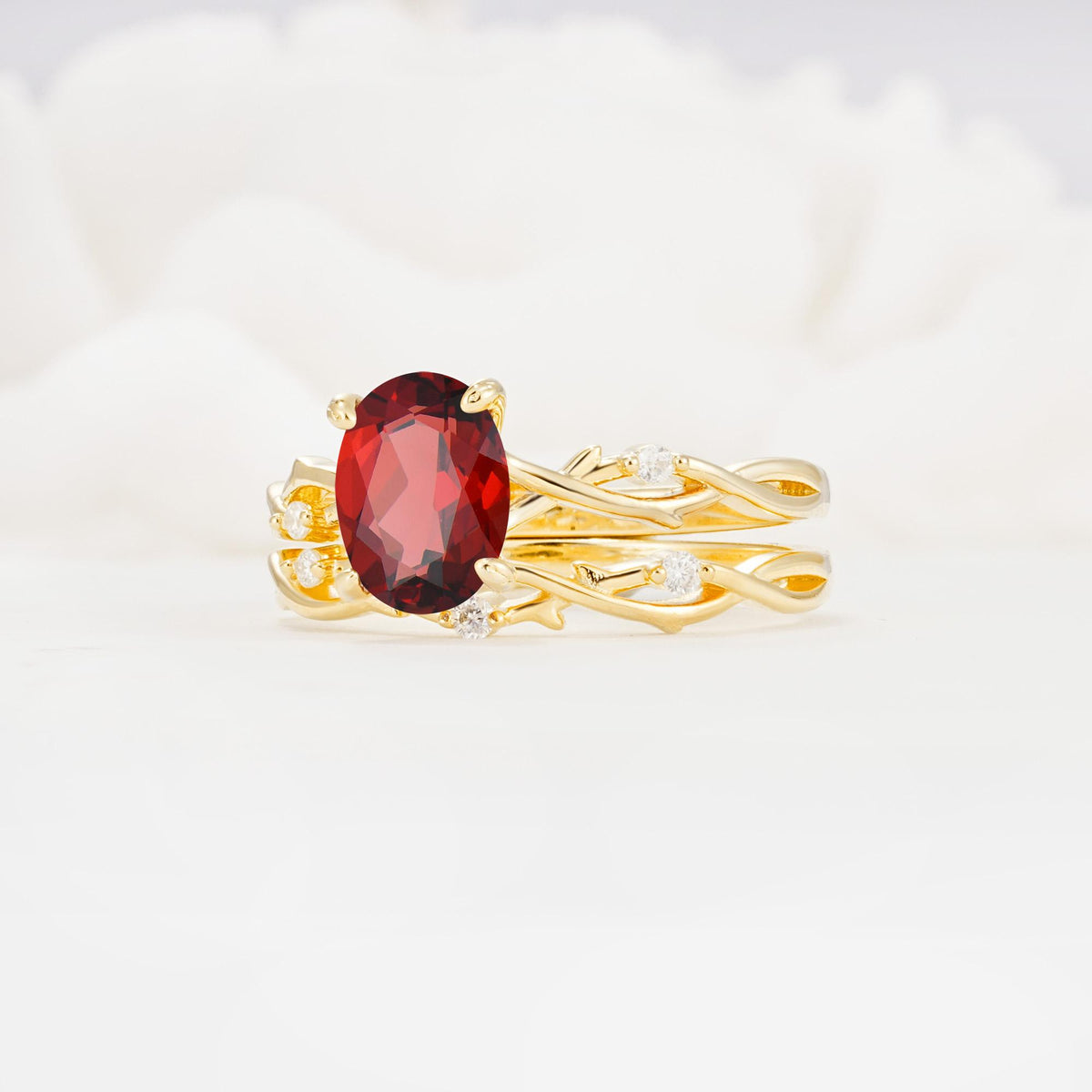 Nature-Inspired Oval Cut Garnet Engagement Ring Set with Twig Accents - Rose-Gold