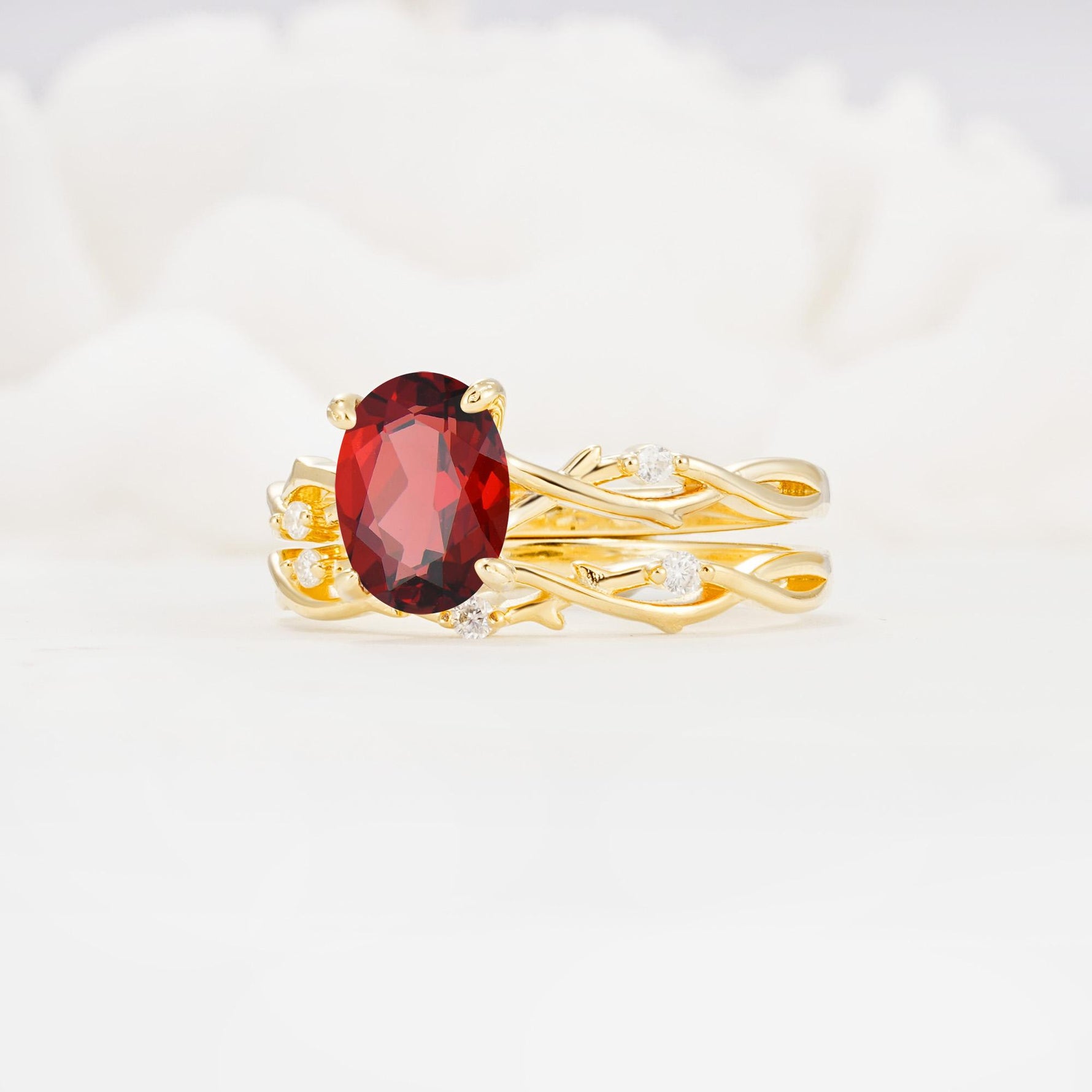 Nature-Inspired Oval Cut Garnet Engagement Ring Set with Twig Accents - Rose-Gold