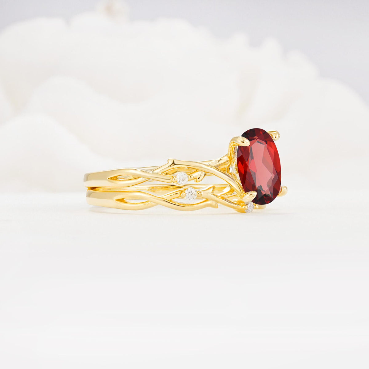 Nature-Inspired Oval Cut Garnet Engagement Ring Set with Twig Accents - White-Gold