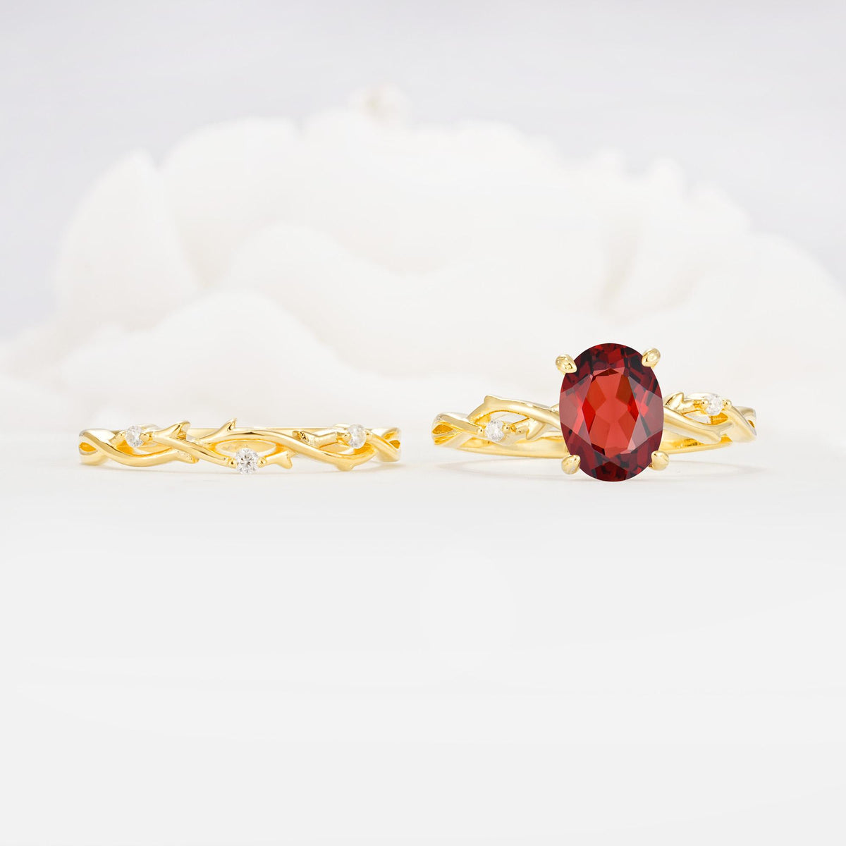 Nature-Inspired Oval Cut Garnet Engagement Ring Set with Twig Accents - Additional view