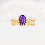 Nature-Inspired Oval Cut Amethyst Engagement Ring Set with Twig Accents - Yellow-Gold