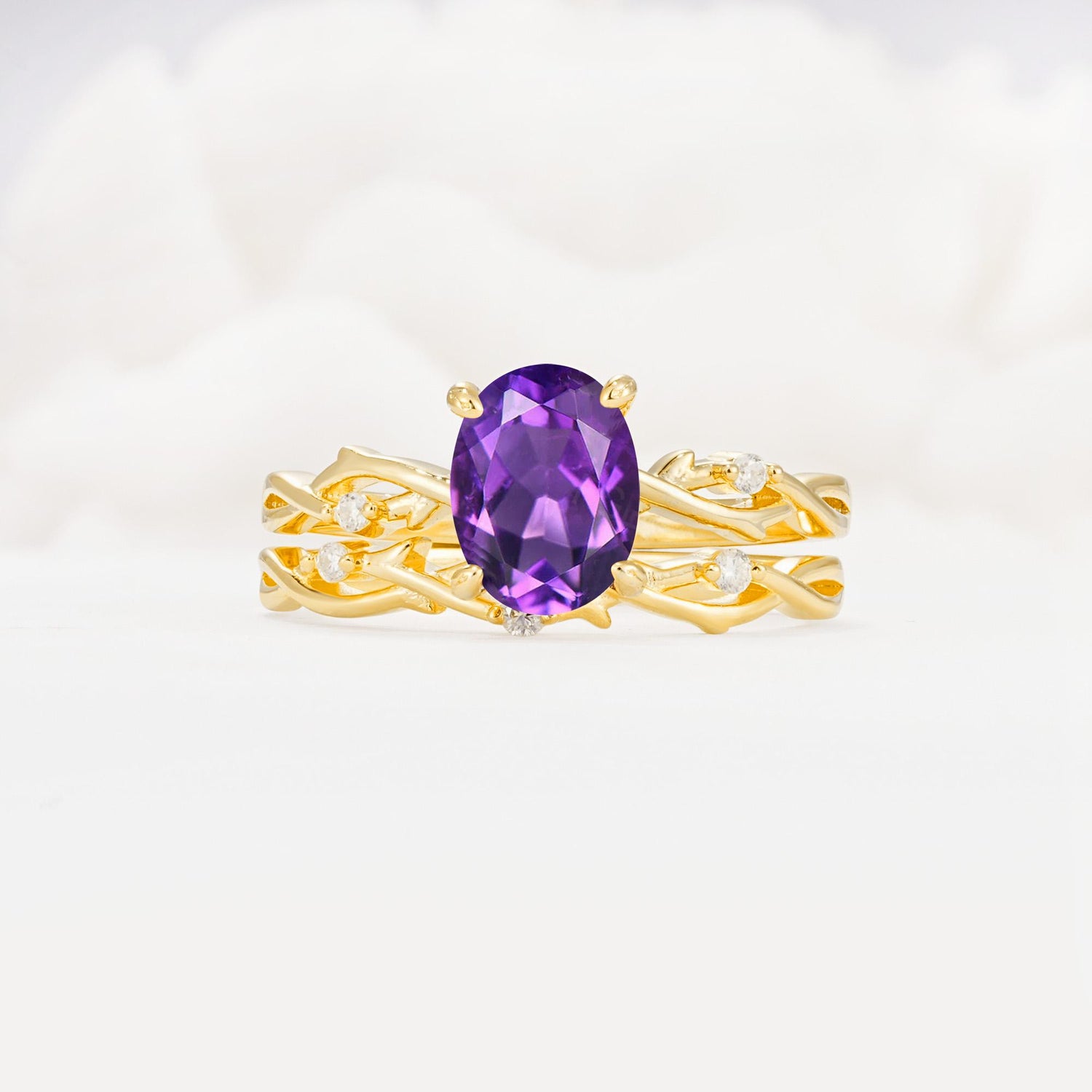 Nature-Inspired Oval Cut Amethyst Engagement Ring Set with Twig Accents - Yellow-Gold