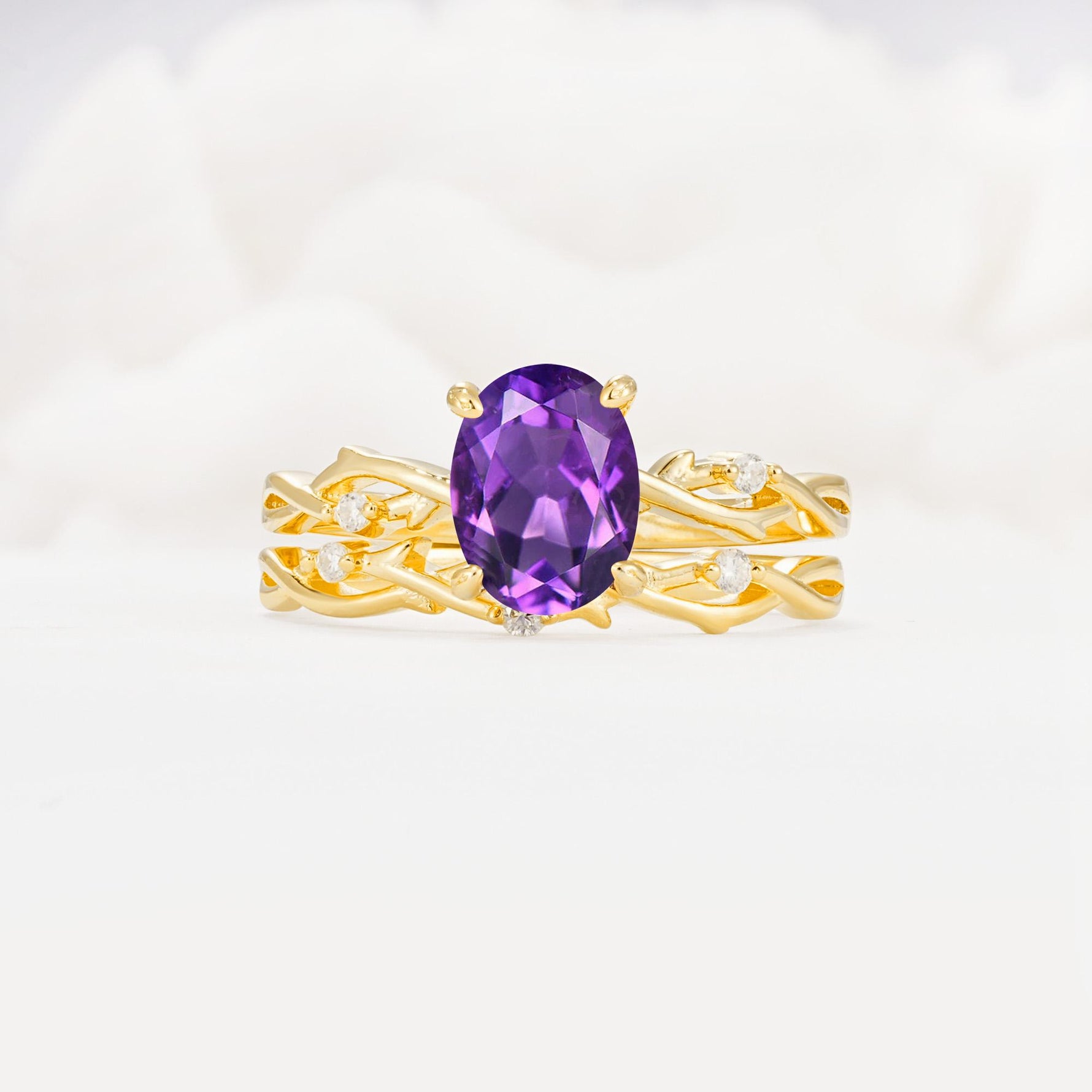 Nature-Inspired Oval Cut Amethyst Engagement Ring Set with Twig Accents - Yellow-Gold