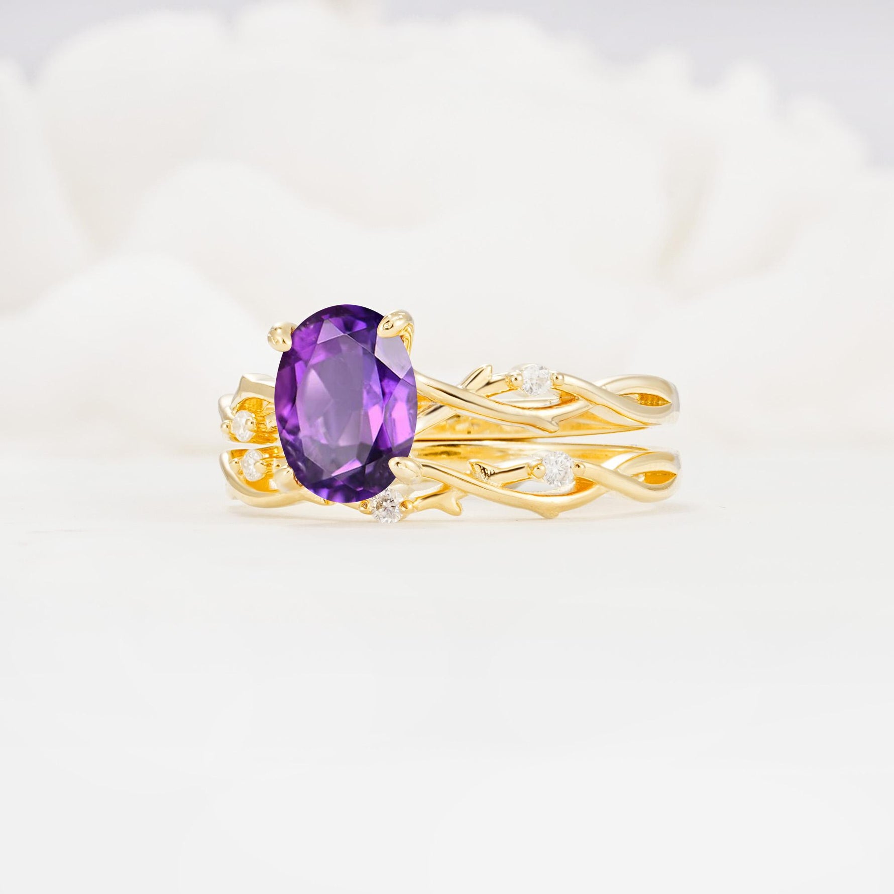 Nature-Inspired Oval Cut Amethyst Engagement Ring Set with Twig Accents - Rose-Gold