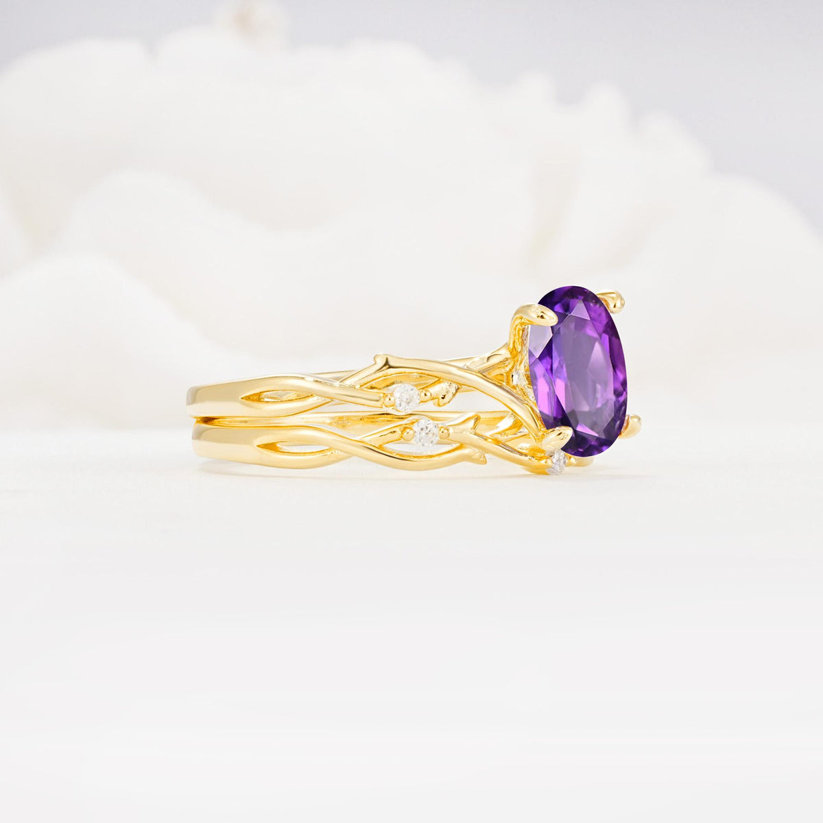 Nature-Inspired Oval Cut Amethyst Engagement Ring Set with Twig Accents - White-Gold