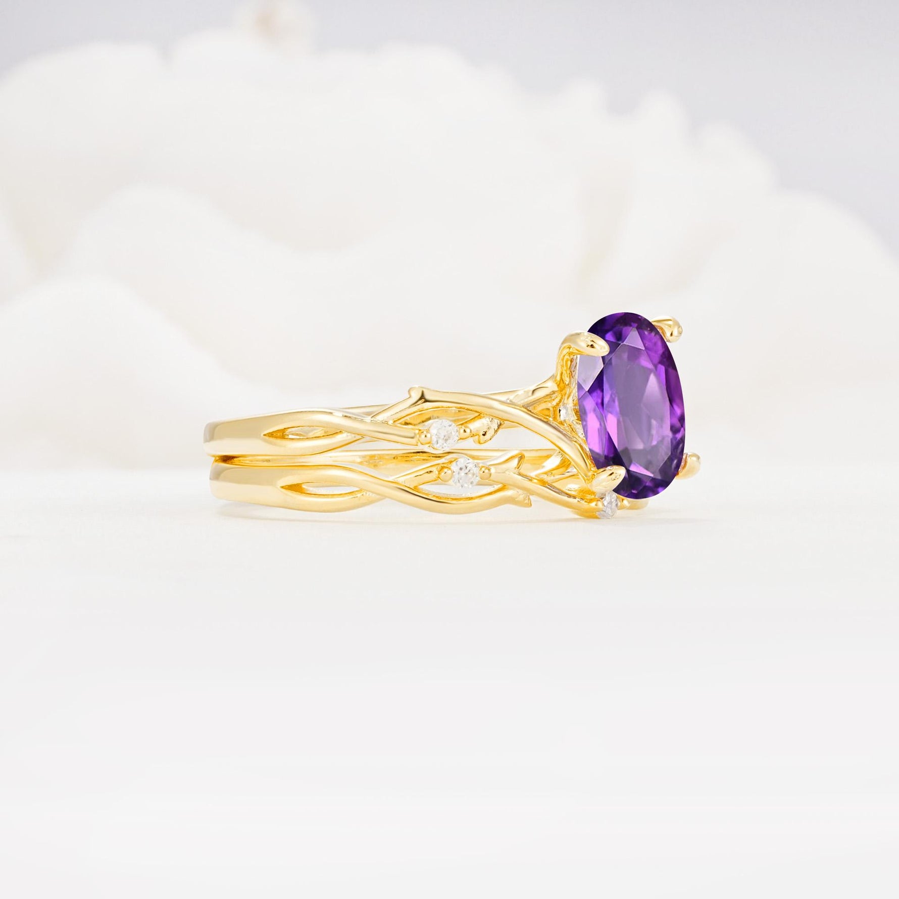 Nature-Inspired Oval Cut Amethyst Engagement Ring Set with Twig Accents - White-Gold