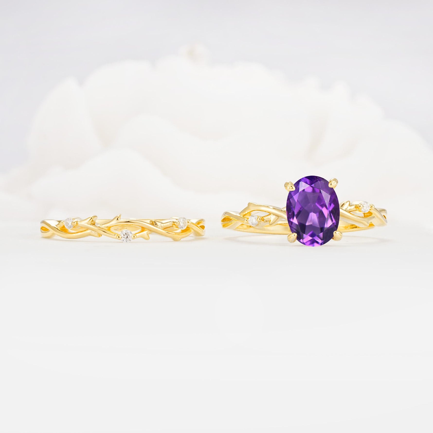 Nature-Inspired Oval Cut Amethyst Engagement Ring Set with Twig Accents - Additional view