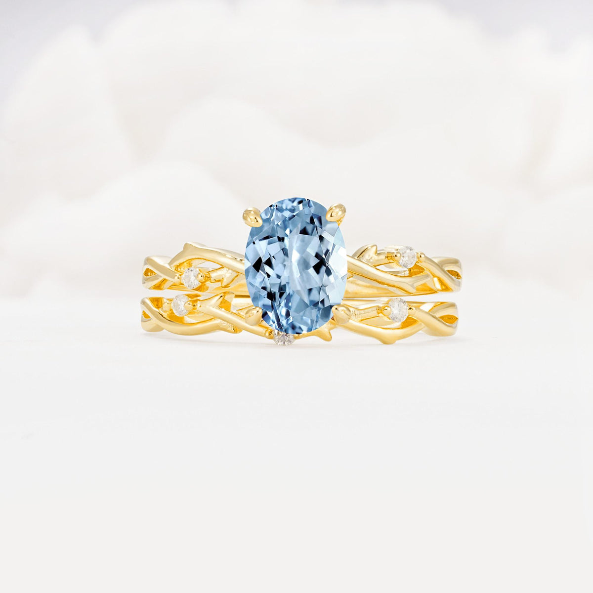 Nature-Inspired Oval Cut Aquamarine Engagement Ring Set with Twig Accents - Yellow-Gold