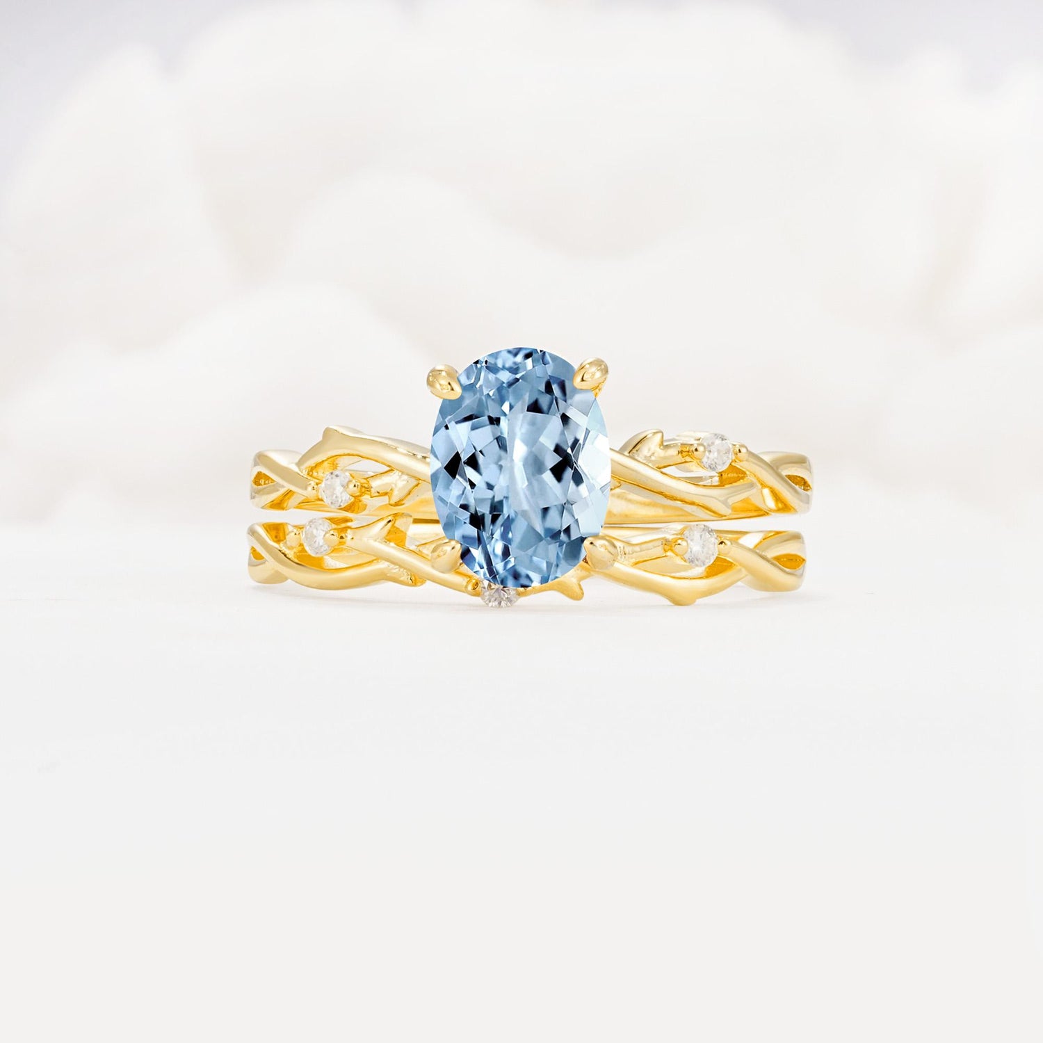 Nature-Inspired Oval Cut Aquamarine Engagement Ring Set with Twig Accents - Yellow-Gold