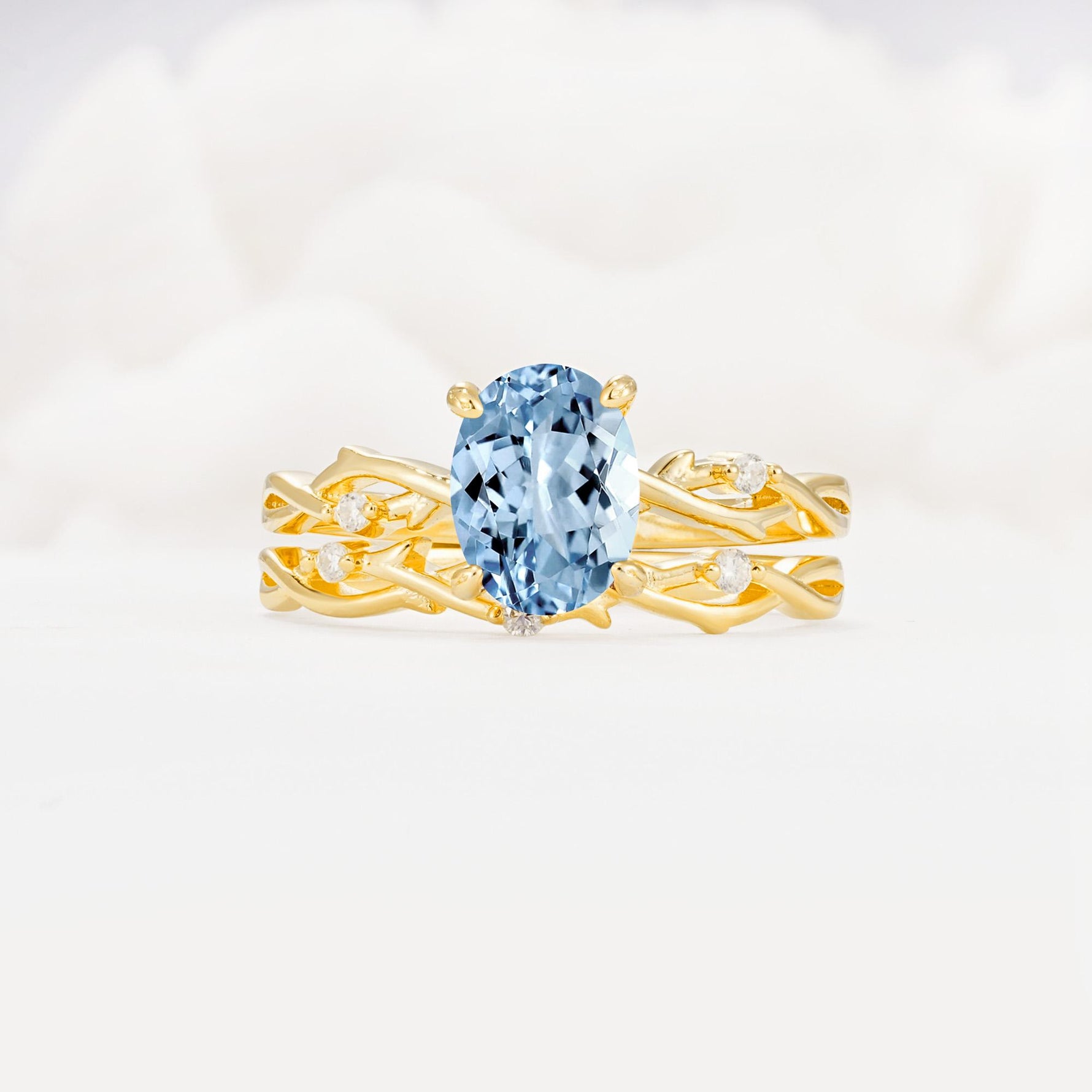 Nature-Inspired Oval Cut Aquamarine Engagement Ring Set with Twig Accents - Yellow-Gold