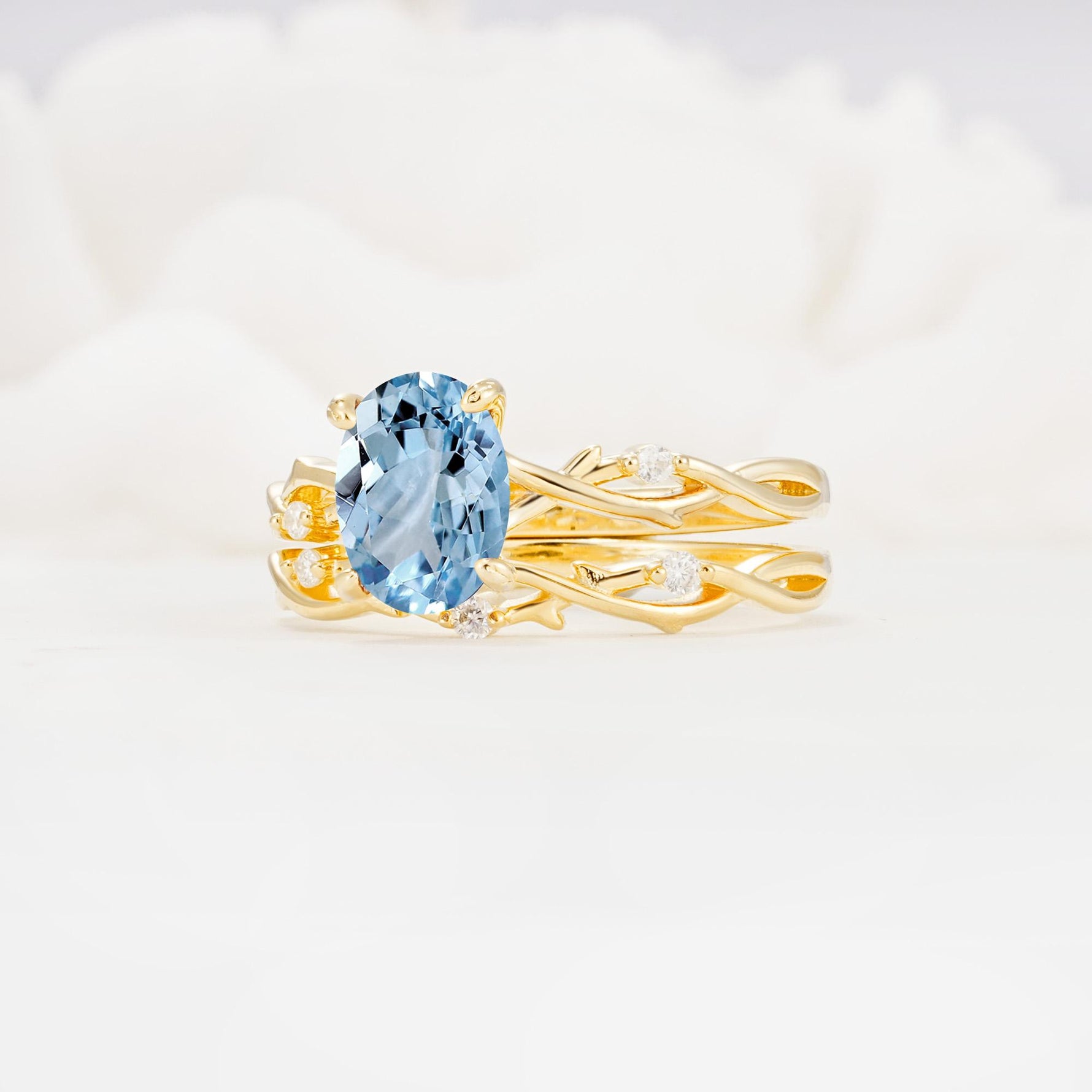 Nature-Inspired Oval Cut Aquamarine Engagement Ring Set with Twig Accents - Rose-Gold