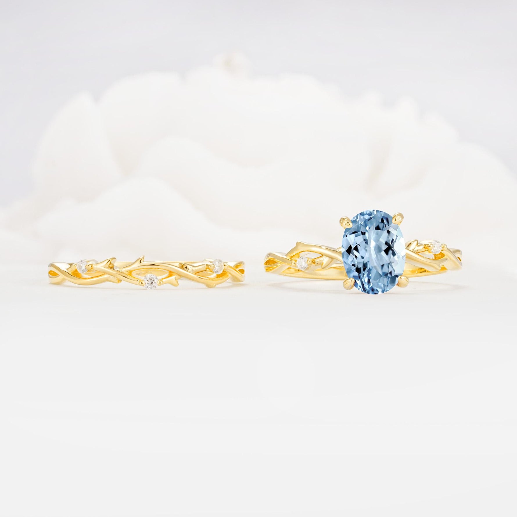 Nature-Inspired Oval Cut Aquamarine Engagement Ring Set with Twig Accents - Additional view