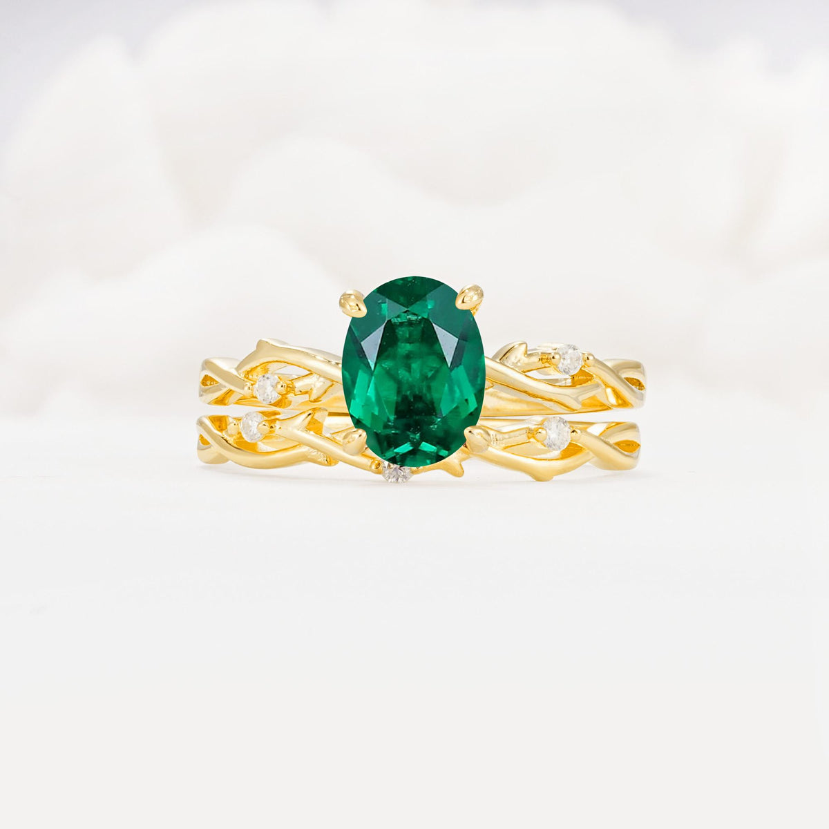 Nature-Inspired Oval Cut Emerald Engagement Ring Set with Twig Accents - Yellow-Gold