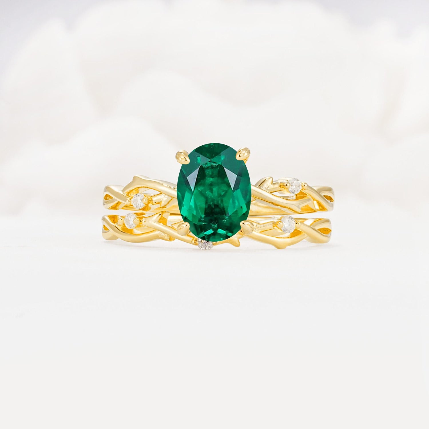 Nature-Inspired Oval Cut Emerald Engagement Ring Set with Twig Accents - Yellow-Gold